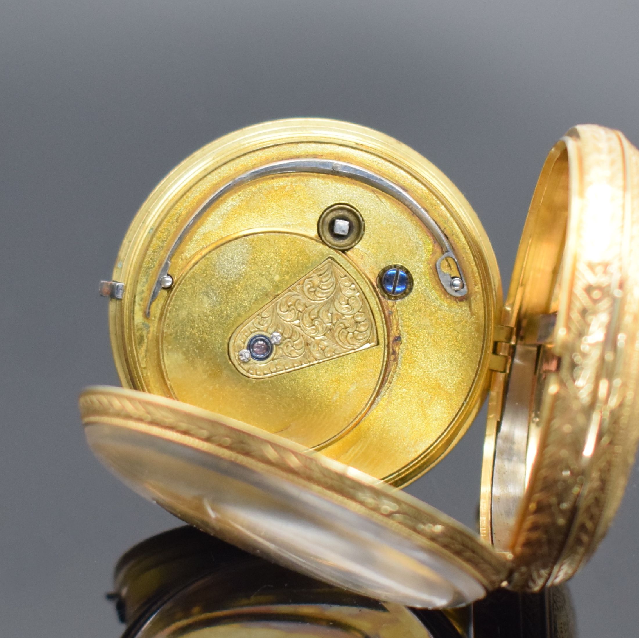 Detail i: 3 offene Goldtaschenuhren in GG 750/000, England / Schweiz um 1880 - 1900, 1. schwere englische Spitzzahnanker-Uhr im vollgrav. Geh., Emailzifferbl., ...