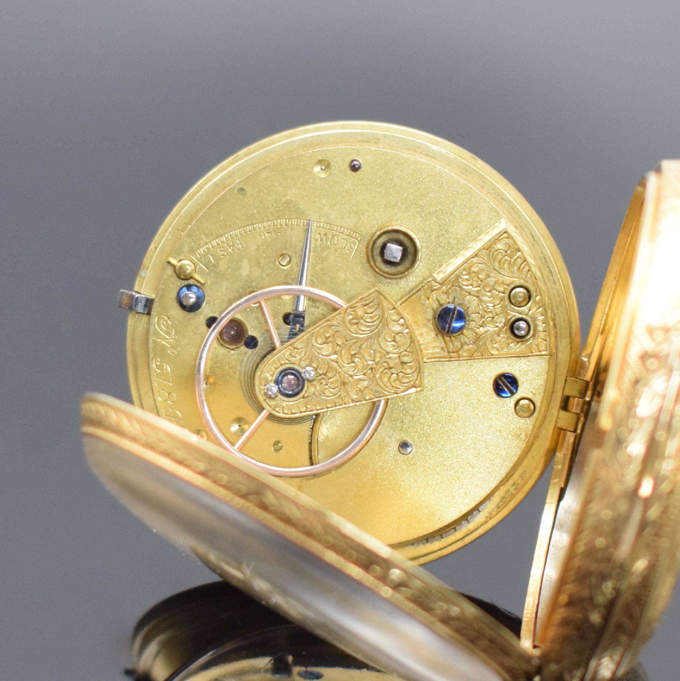 Detail j: 3 offene Goldtaschenuhren in GG 750/000, England / Schweiz um 1880 - 1900, 1. schwere englische Spitzzahnanker-Uhr im vollgrav. Geh., Emailzifferbl., ...