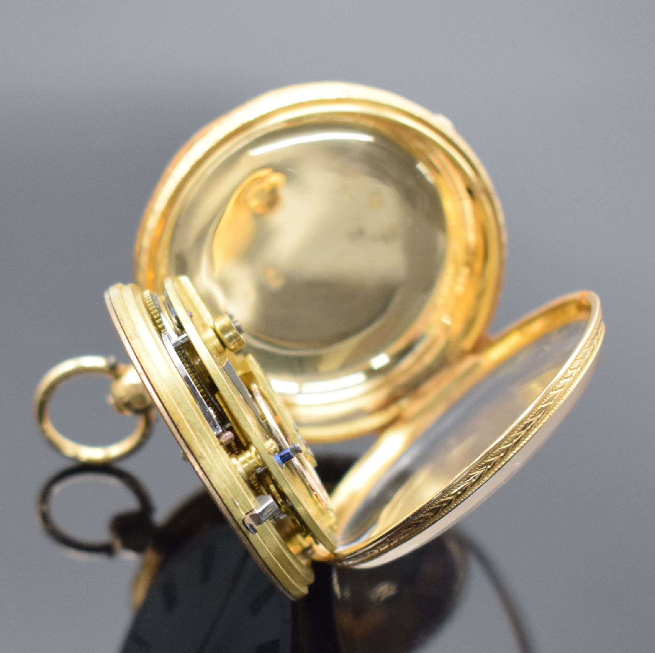 Detail k: 3 offene Goldtaschenuhren in GG 750/000, England / Schweiz um 1880 - 1900, 1. schwere englische Spitzzahnanker-Uhr im vollgrav. Geh., Emailzifferbl., ...