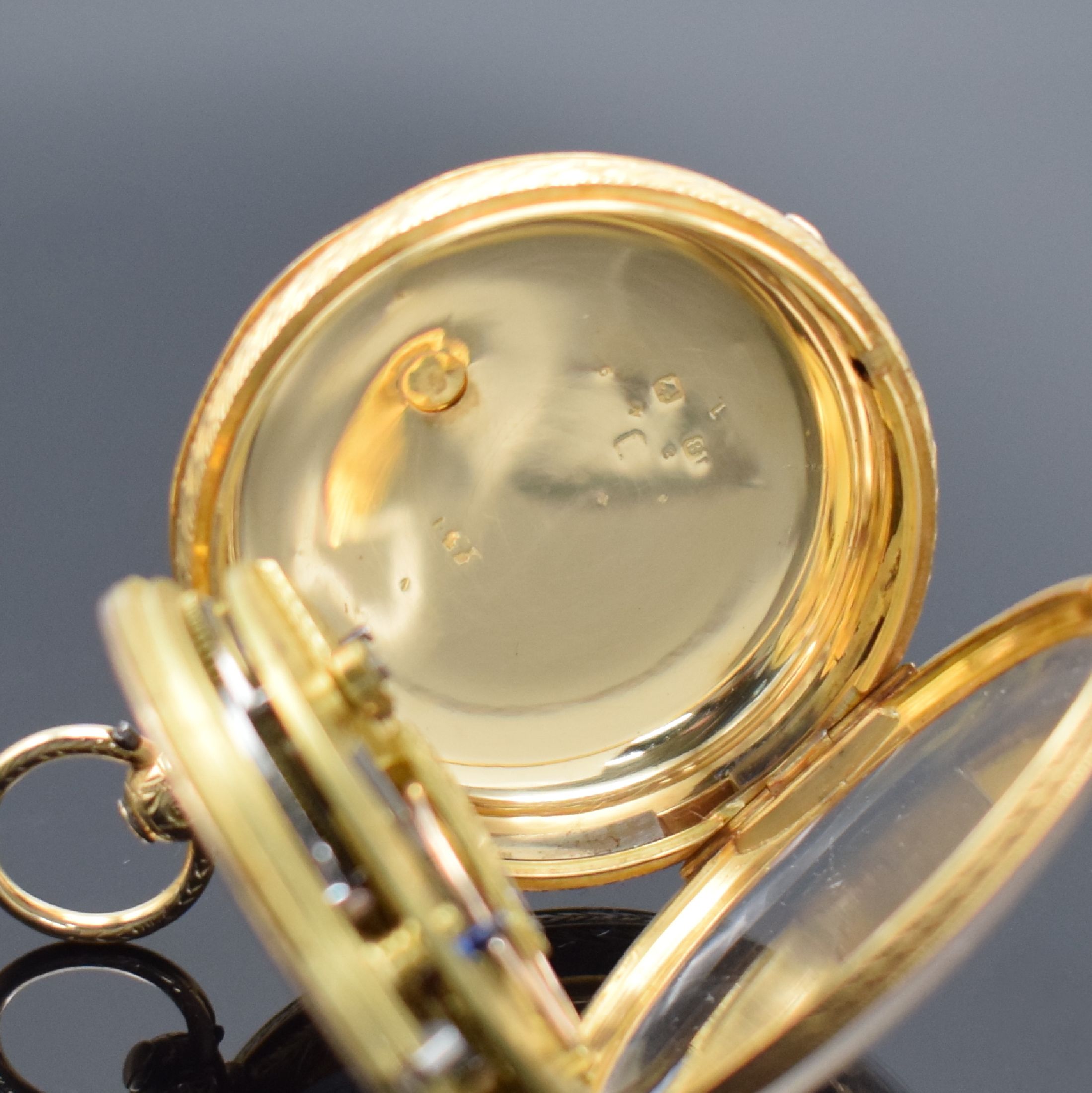 Detail l: 3 offene Goldtaschenuhren in GG 750/000, England / Schweiz um 1880 - 1900, 1. schwere englische Spitzzahnanker-Uhr im vollgrav. Geh., Emailzifferbl., ...