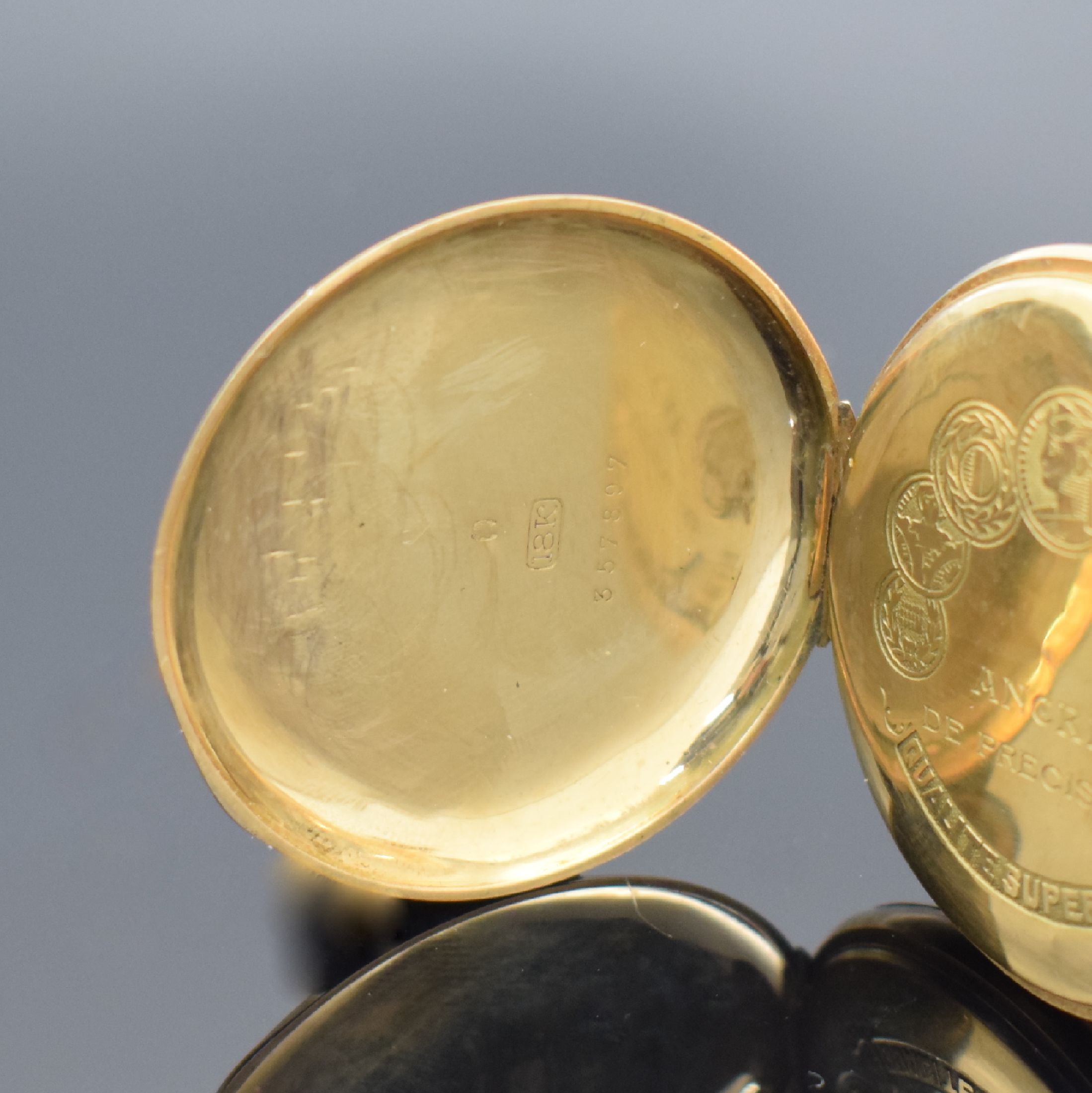 Detail o: 3 offene Goldtaschenuhren in GG 750/000, England / Schweiz um 1880 - 1900, 1. schwere englische Spitzzahnanker-Uhr im vollgrav. Geh., Emailzifferbl., ...