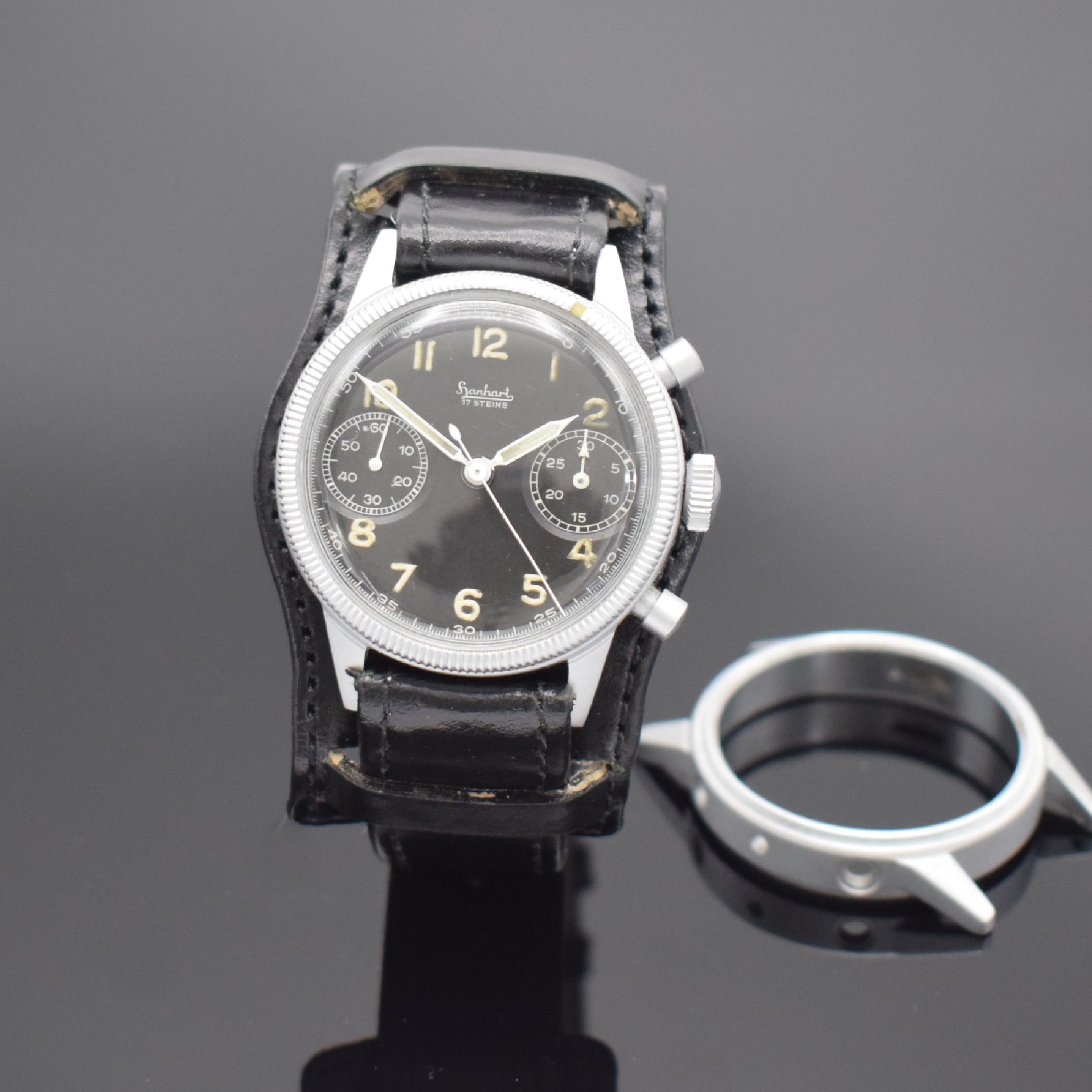 HANHART Flyback Fliegerchronograph der Bundeswehr Typ 417, Deutschland um 1960, Handaufzug, verchr. Messinggeh., Boden aufgedr., beids. drehb. ...