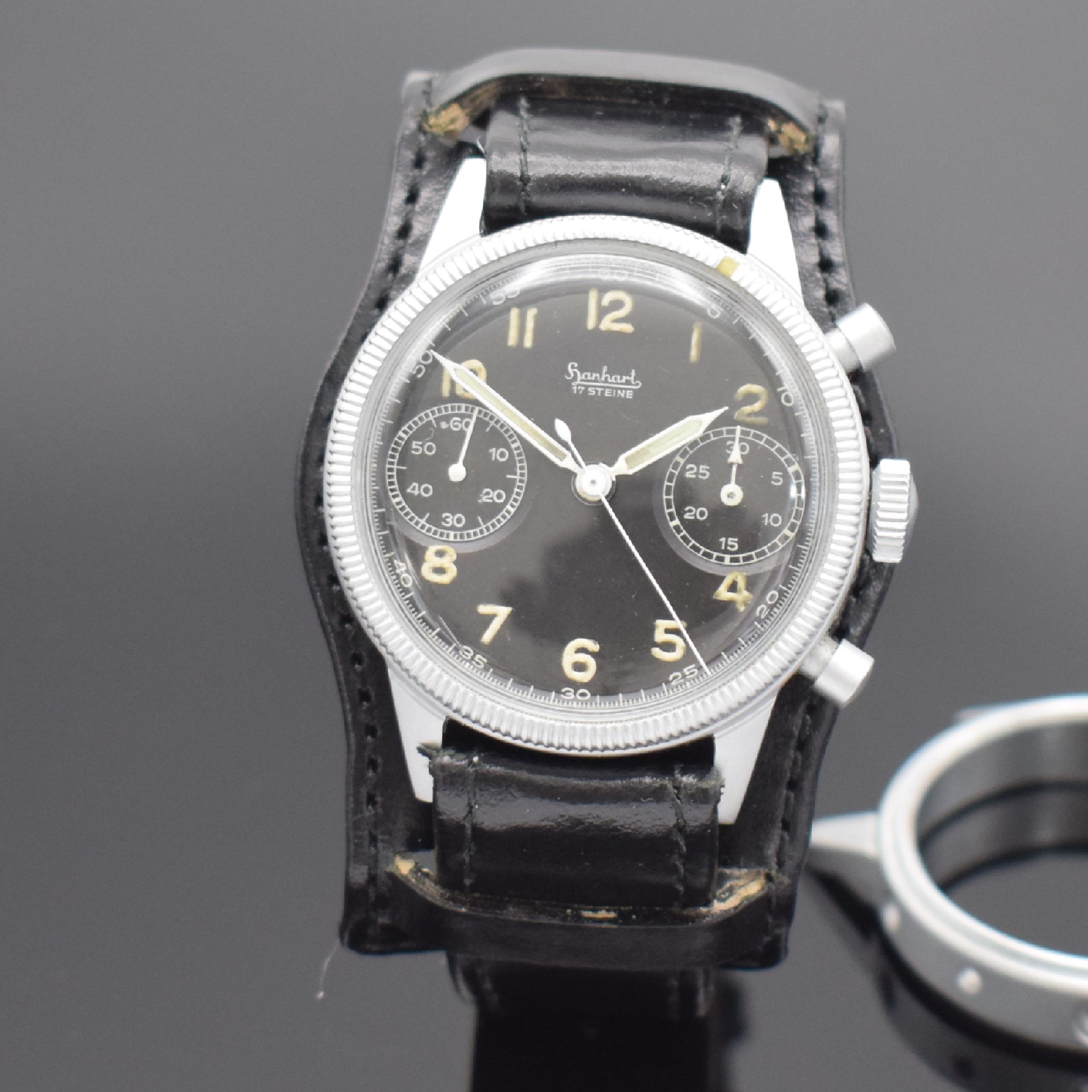 Detail a: HANHART Flyback Fliegerchronograph der Bundeswehr Typ 417, Deutschland um 1960, Handaufzug, verchr. Messinggeh., Boden aufgedr., beids. drehb. ...