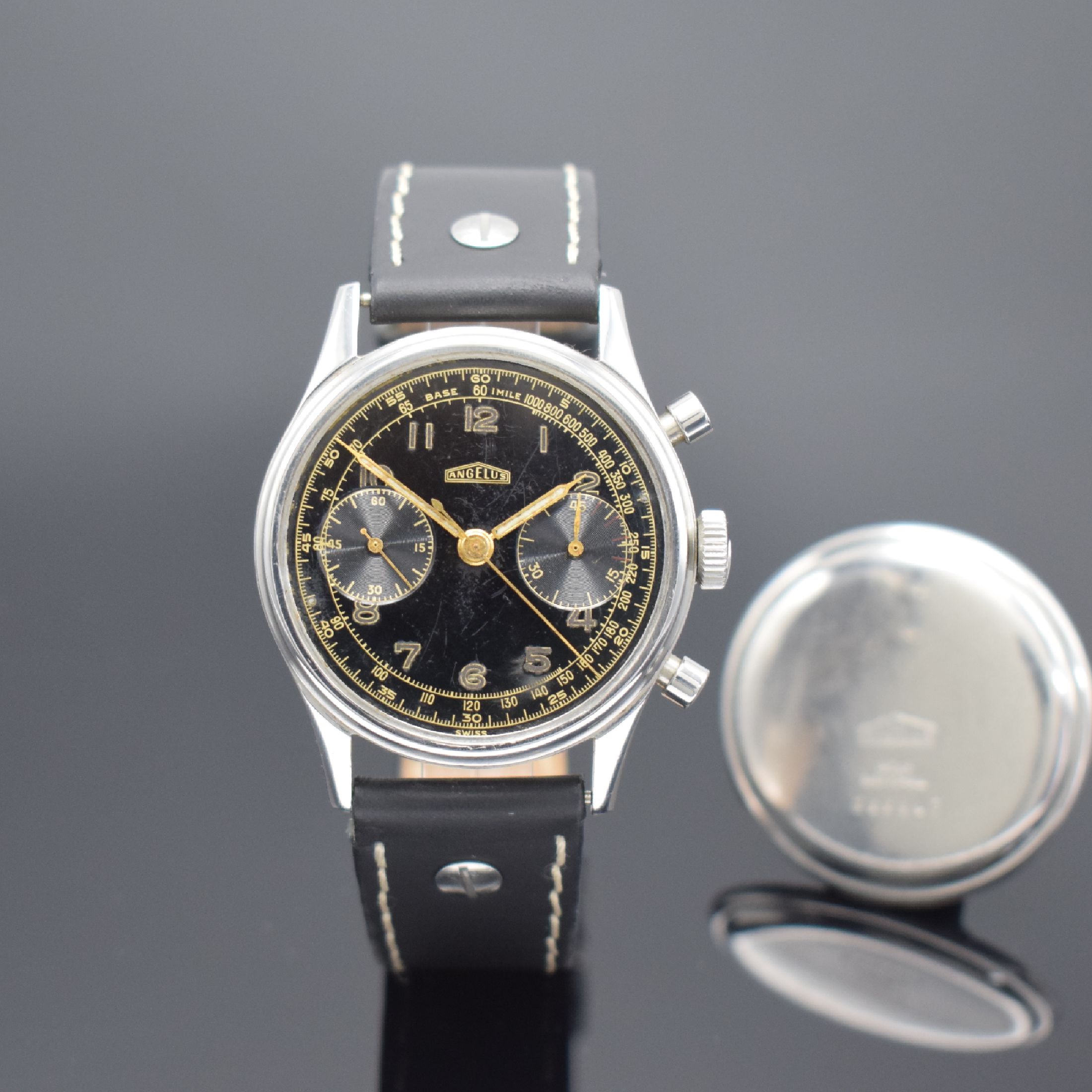 ANGELUS Schaltradchronograph in Stahl & zusätzlicher verglaster Stahlboden, Schweiz um 1945, Handaufzug, beids. vergl. Geh., Boden aufgedr., ...