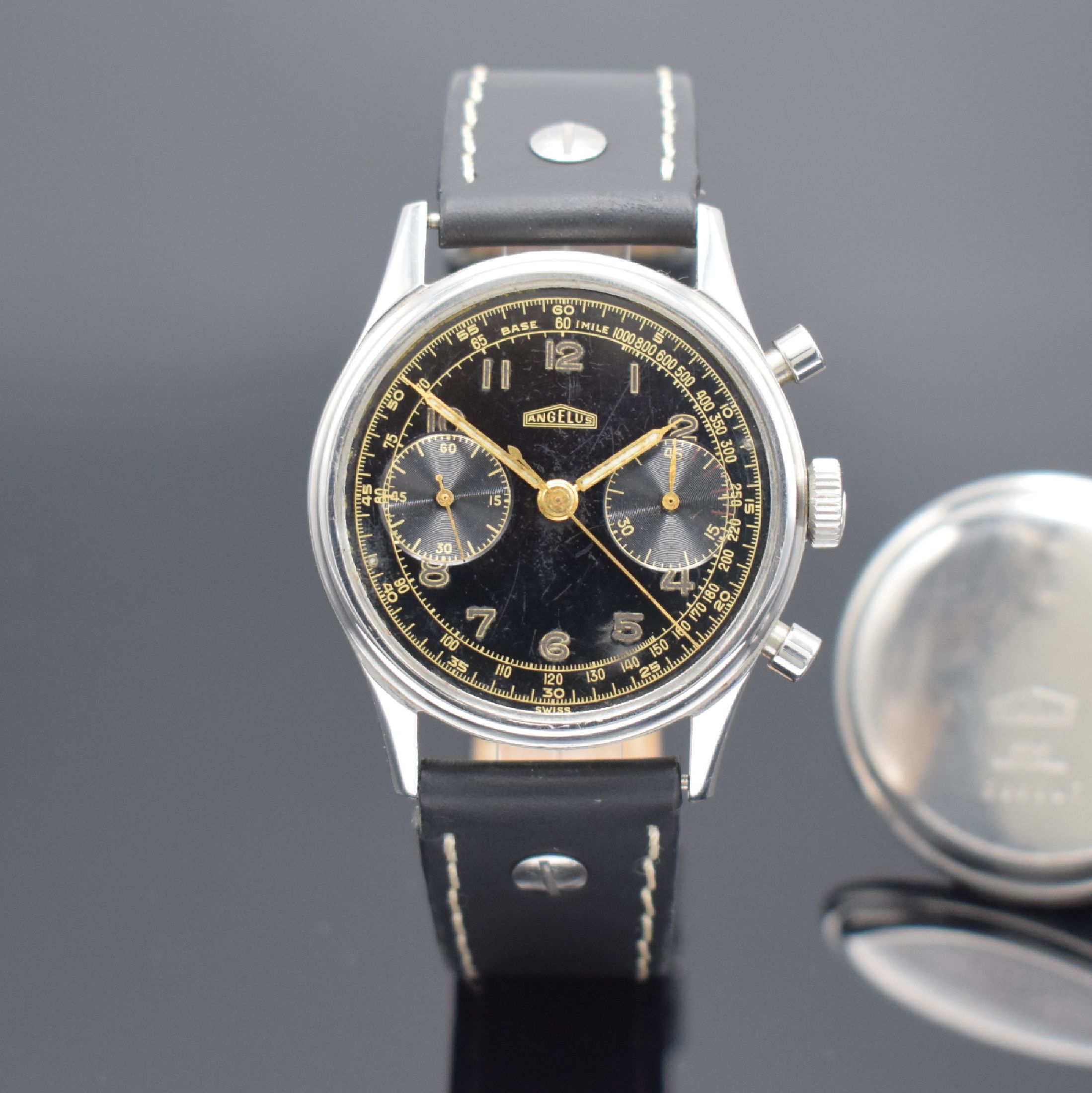 Detail a: ANGELUS Schaltradchronograph in Stahl & zusätzlicher verglaster Stahlboden, Schweiz um 1945, Handaufzug, beids. vergl. Geh., Boden aufgedr., ...