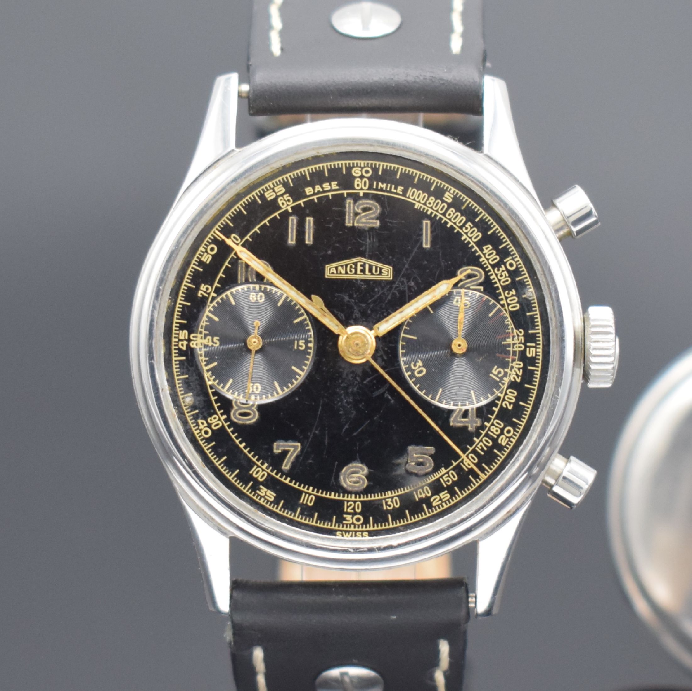 Detail b: ANGELUS Schaltradchronograph in Stahl & zusätzlicher verglaster Stahlboden, Schweiz um 1945, Handaufzug, beids. vergl. Geh., Boden aufgedr., ...