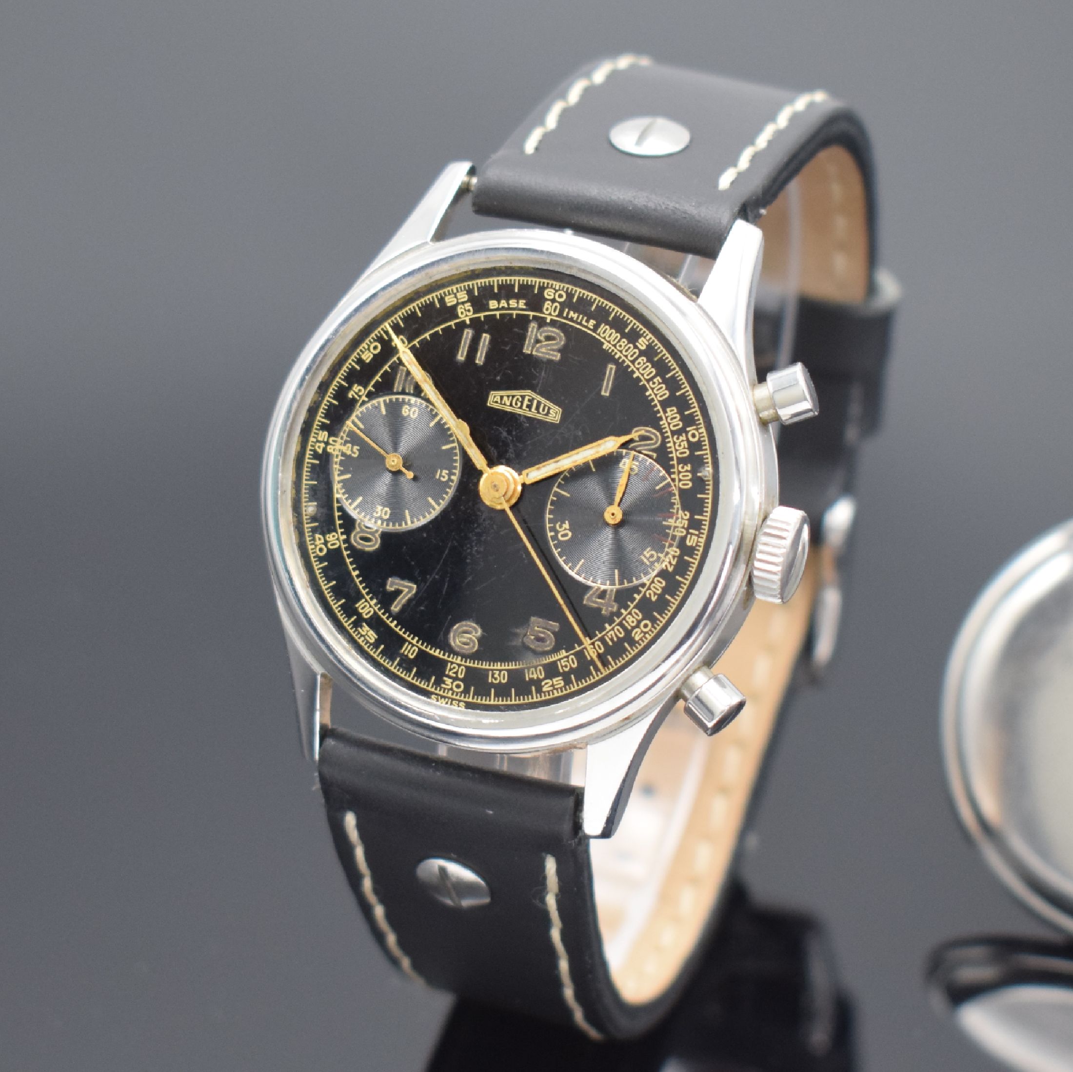 Detail c: ANGELUS Schaltradchronograph in Stahl & zusätzlicher verglaster Stahlboden, Schweiz um 1945, Handaufzug, beids. vergl. Geh., Boden aufgedr., ...