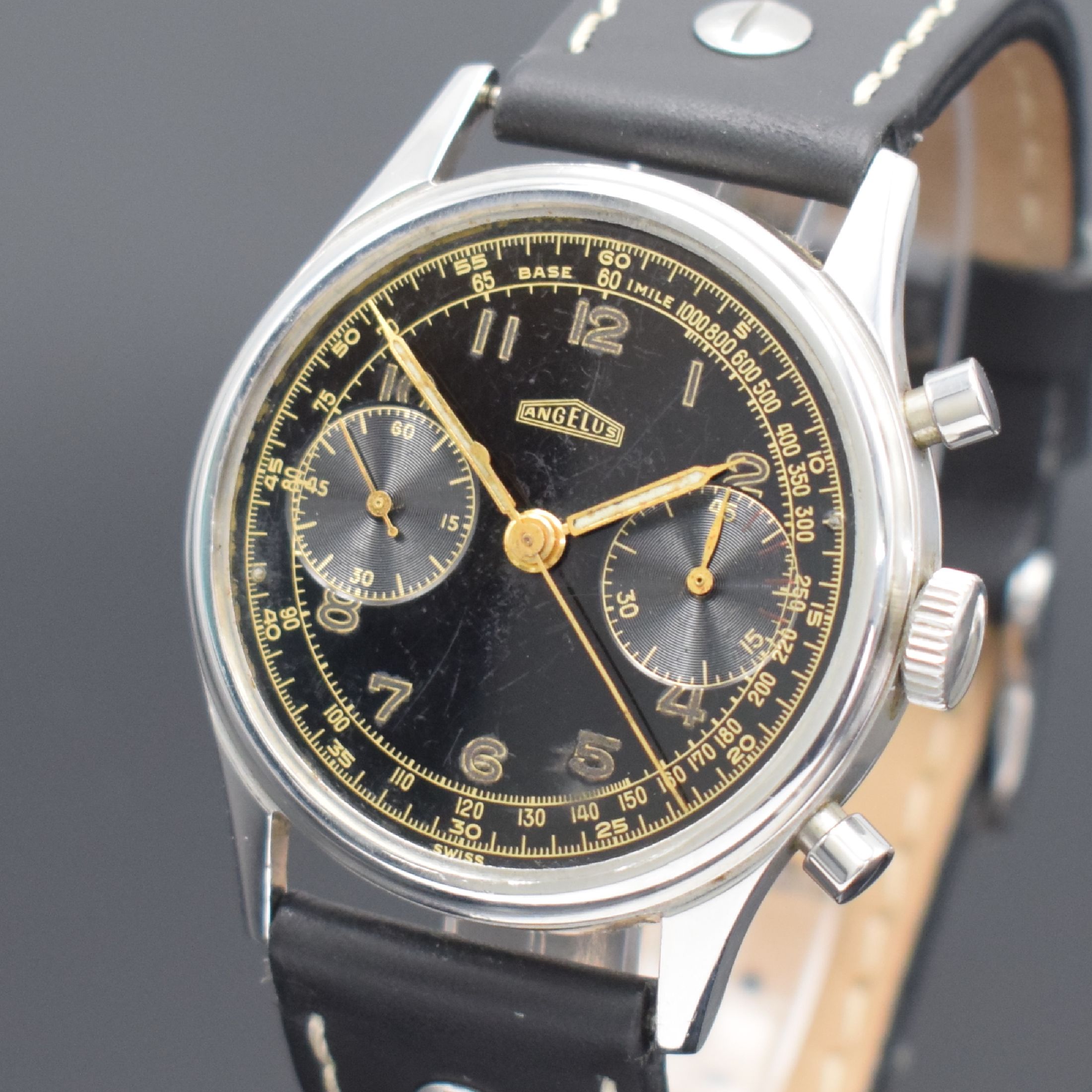 Detail d: ANGELUS Schaltradchronograph in Stahl & zusätzlicher verglaster Stahlboden, Schweiz um 1945, Handaufzug, beids. vergl. Geh., Boden aufgedr., ...