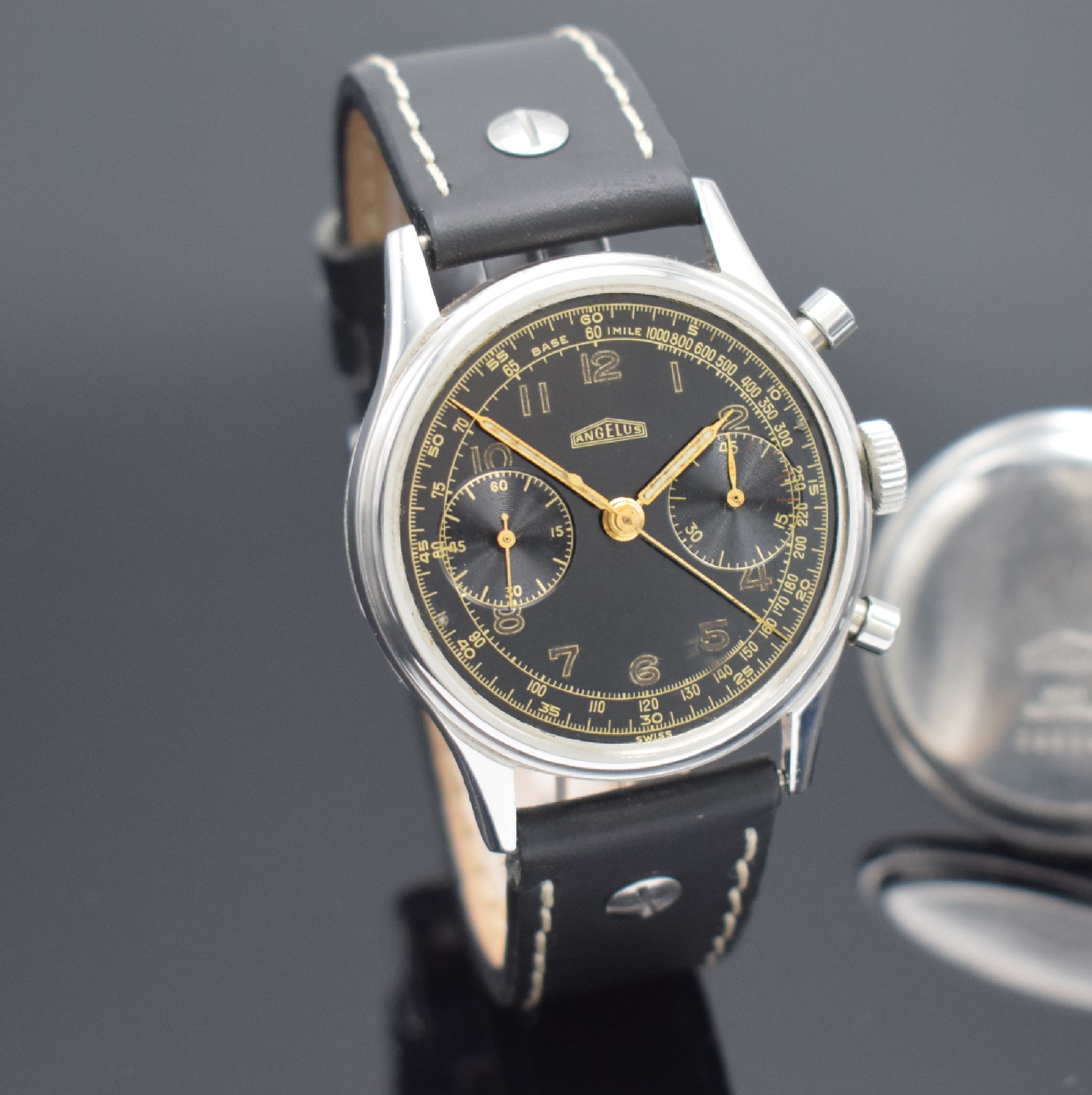 Detail f: ANGELUS Schaltradchronograph in Stahl & zusätzlicher verglaster Stahlboden, Schweiz um 1945, Handaufzug, beids. vergl. Geh., Boden aufgedr., ...