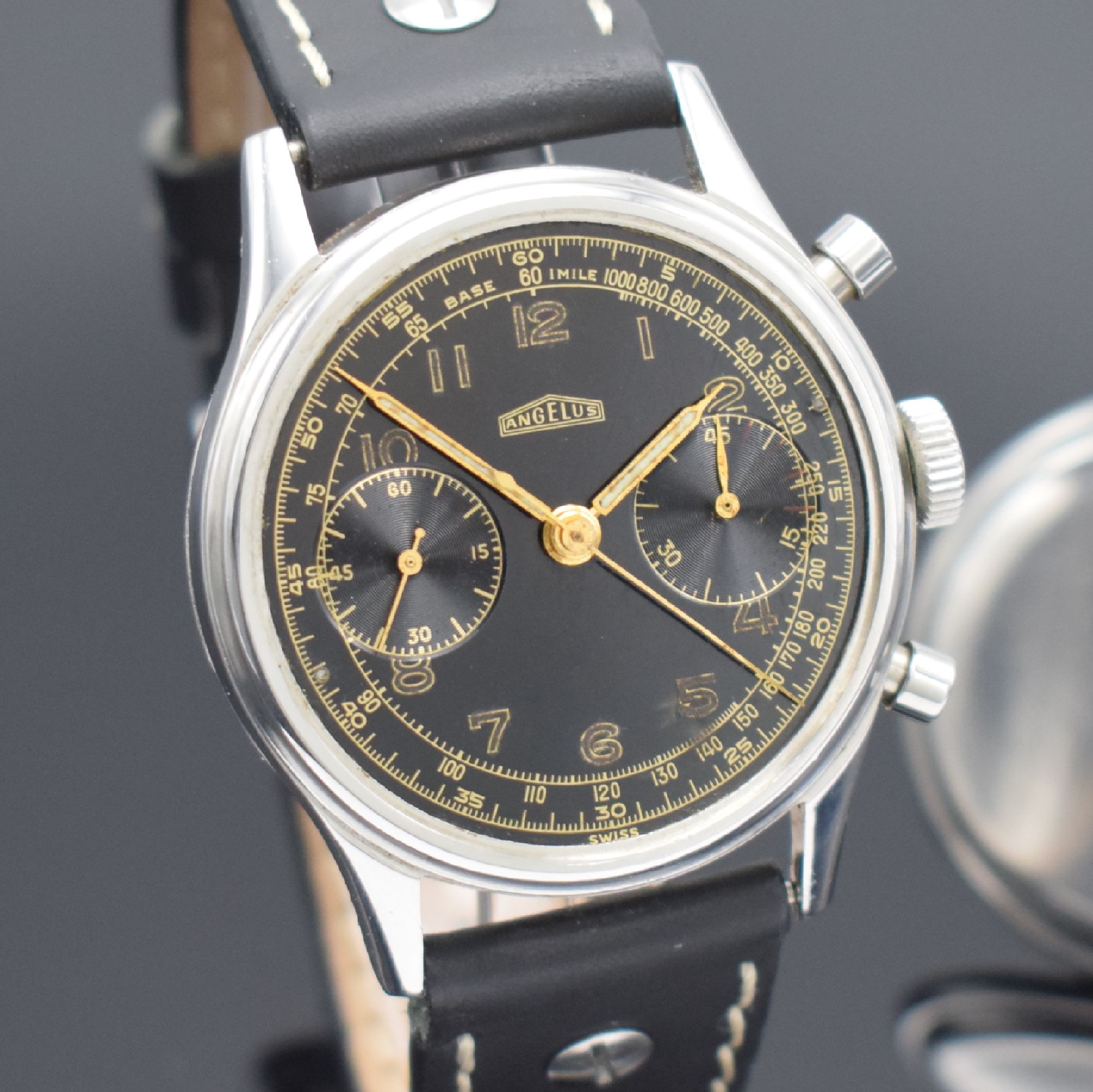 Detail g: ANGELUS Schaltradchronograph in Stahl & zusätzlicher verglaster Stahlboden, Schweiz um 1945, Handaufzug, beids. vergl. Geh., Boden aufgedr., ...