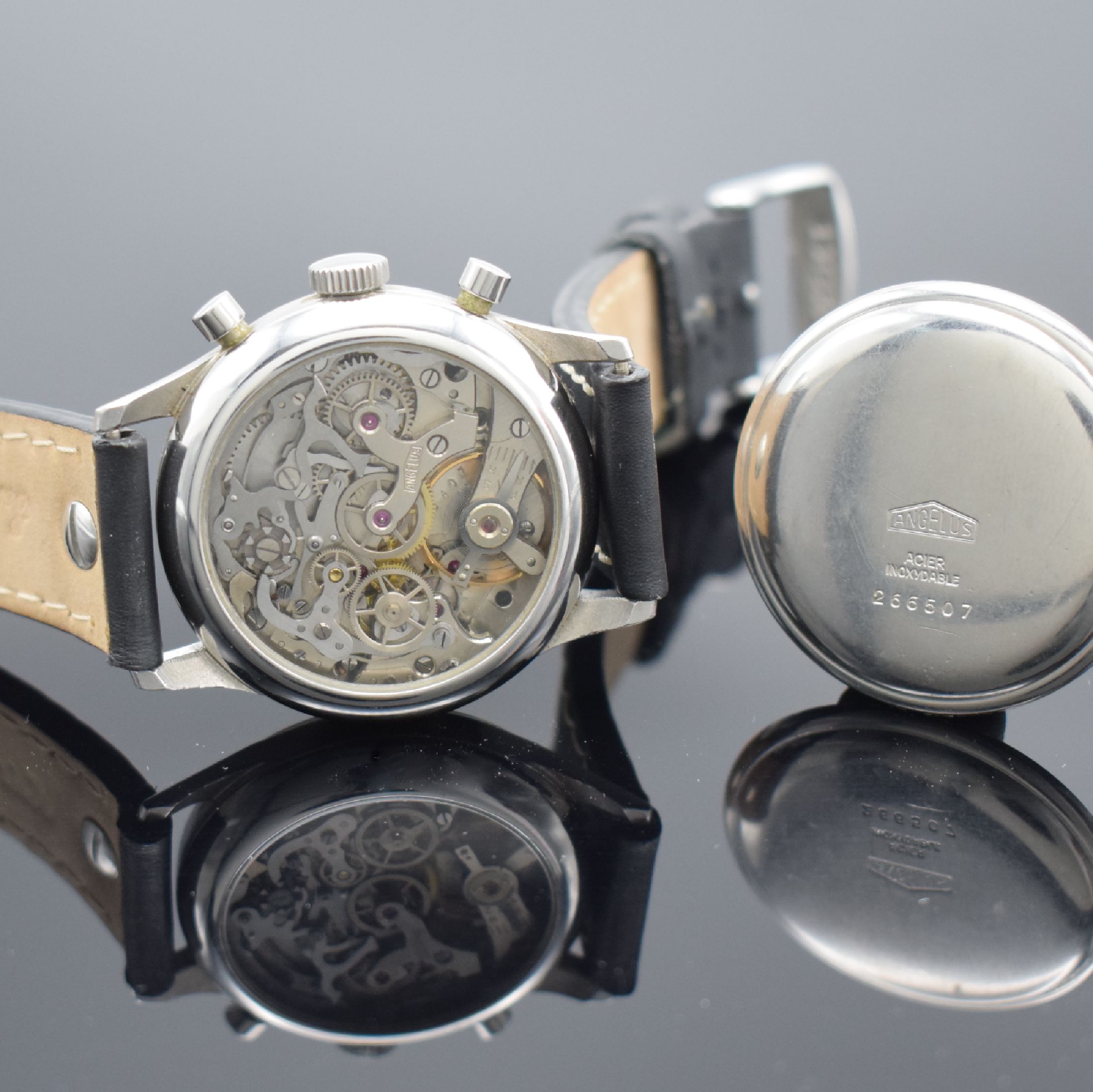 Detail h: ANGELUS Schaltradchronograph in Stahl & zusätzlicher verglaster Stahlboden, Schweiz um 1945, Handaufzug, beids. vergl. Geh., Boden aufgedr., ...