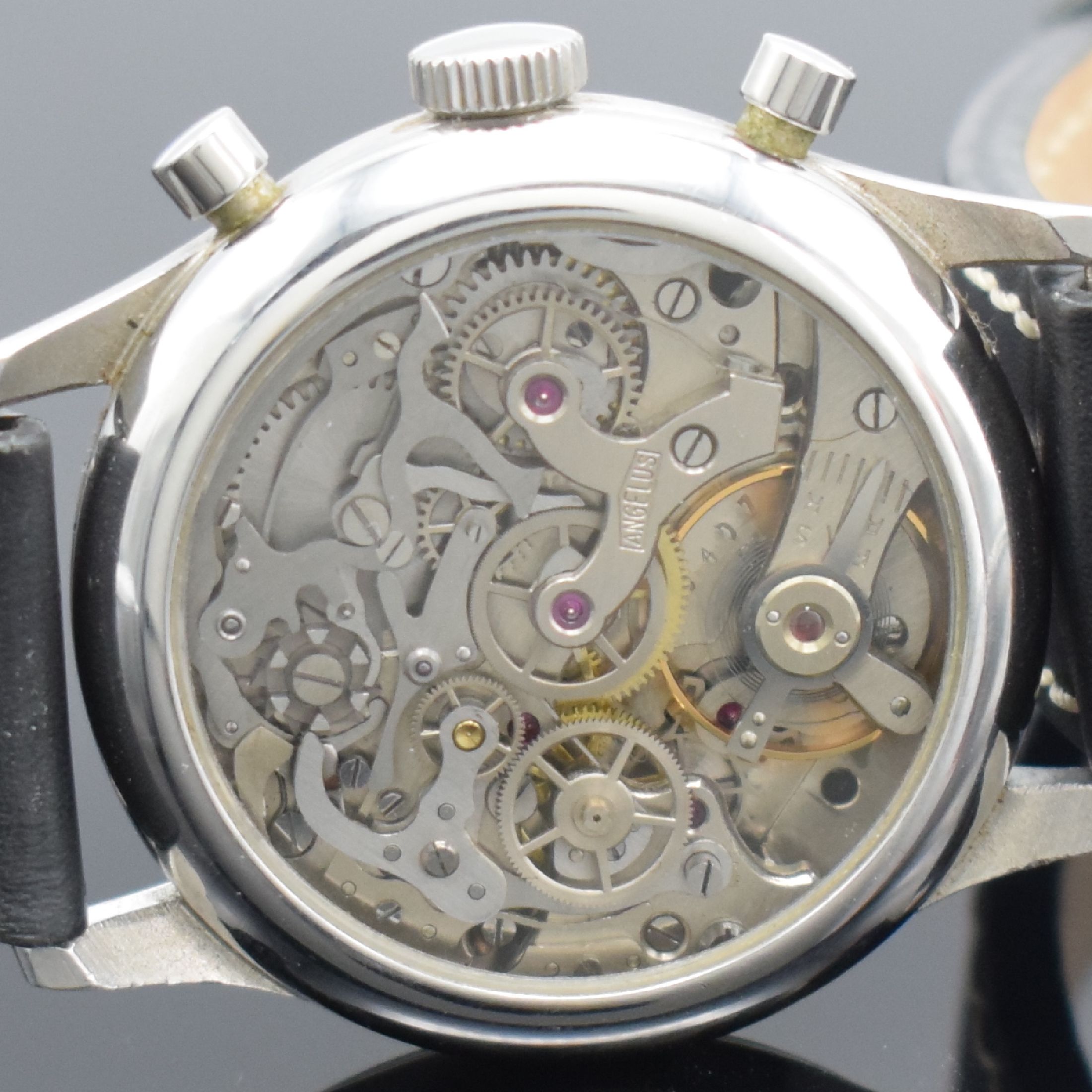 Detail i: ANGELUS Schaltradchronograph in Stahl & zusätzlicher verglaster Stahlboden, Schweiz um 1945, Handaufzug, beids. vergl. Geh., Boden aufgedr., ...