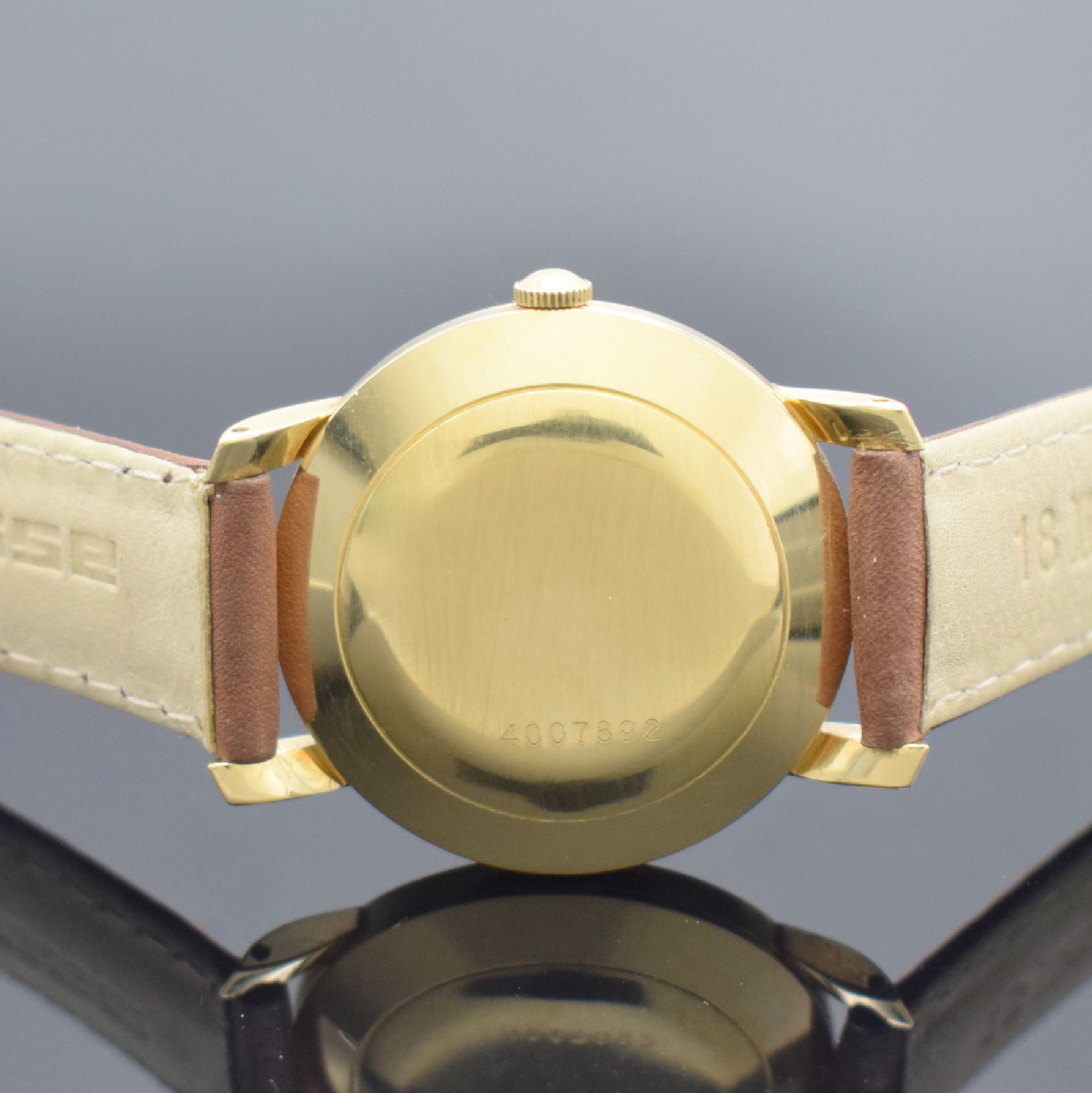 Detail c: ETERNA-MATIC Herrenarmbanduhr in GG 750/000, Schweiz um 1955, Automatik, 3-teil. Gehäuse, Boden & Glasrand aufgedr., silb. Duoton- Zifferbl. m. ...