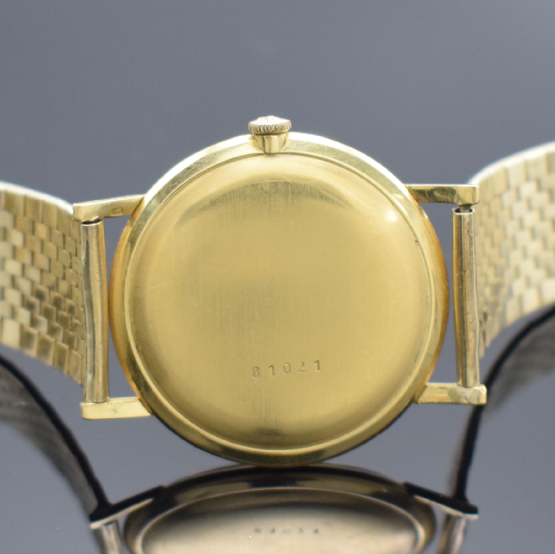 Detail d: PRONTO Herrengolduhr in GG 750/000 mit Band in GG 585/000, Schweiz um 1960, Handaufzug, 2 -teil. Geh., Boden aufgedr., neutr. Goldband später, silb. ...
