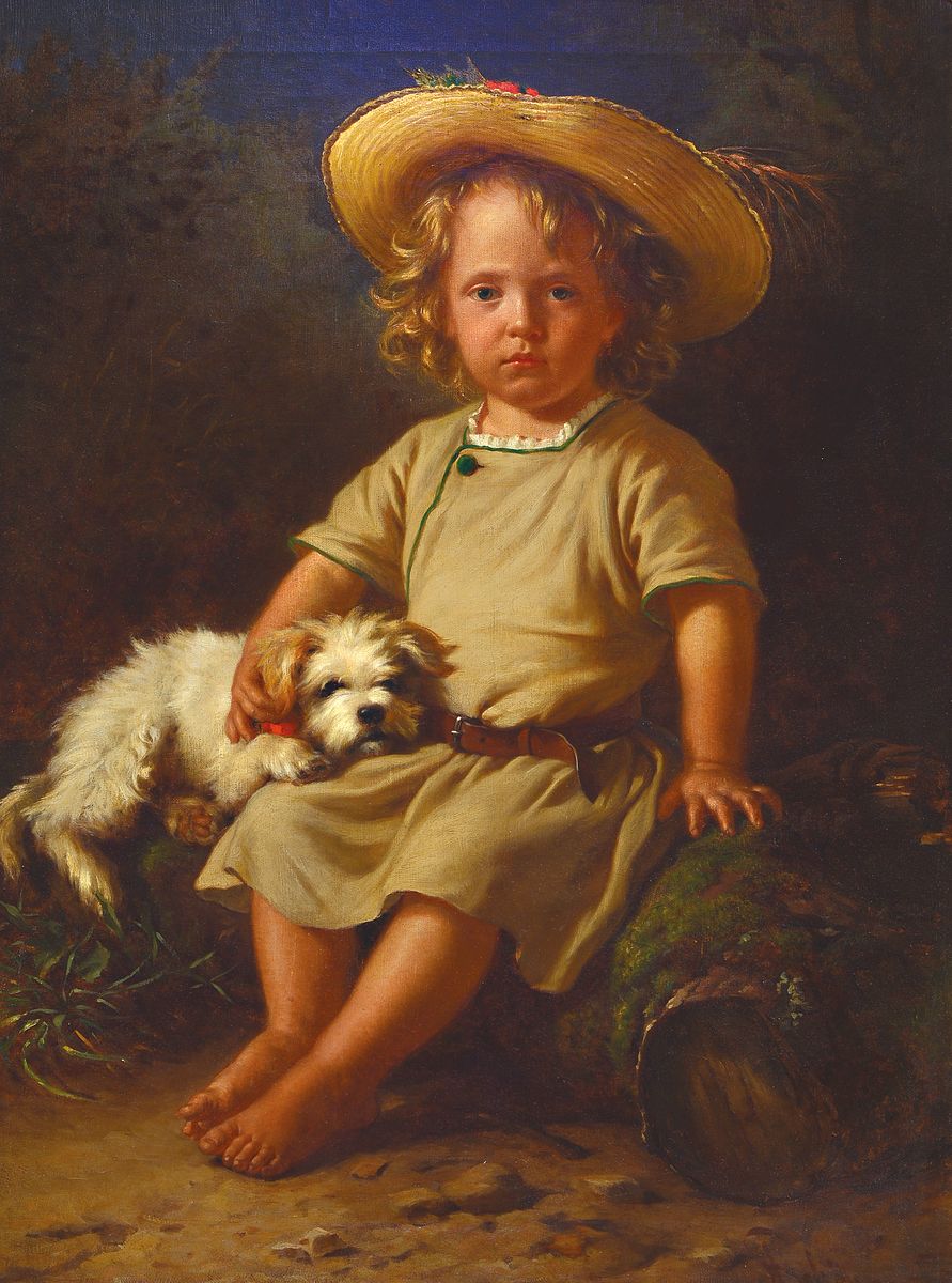 Alois Schönn, 1826 Wien-1897 Krumpendorf, Ganzporträt eines Kindes mit Hündchen, Öl/Lwd, rest., rechts unten signiert, ca. 90x66cm, R. ca. ...
