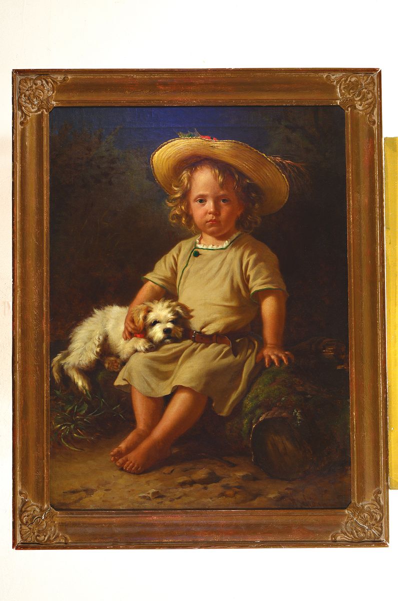 Detail k: Alois Schönn, 1826 Wien-1897 Krumpendorf, Ganzporträt eines Kindes mit Hündchen, Öl/Lwd, rest., rechts unten signiert, ca. 90x66cm, R. ca. ...