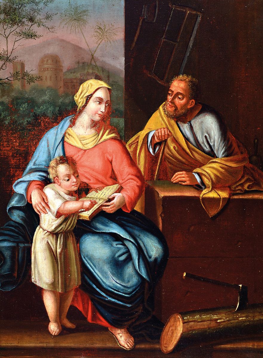 Unbekannter Künstler des 19. Jh., Die Heilige Familie in der Werkstatt Josefs, Öl/Lwd, ca. 44x33cm, R. ca. 54x43cm
