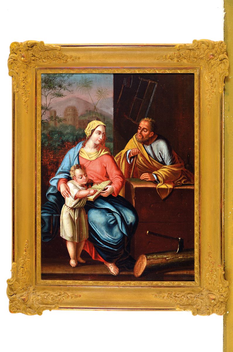 Detail k: Unbekannter Künstler des 19. Jh., Die Heilige Familie in der Werkstatt Josefs, Öl/Lwd, ca. 44x33cm, R. ca. 54x43cm