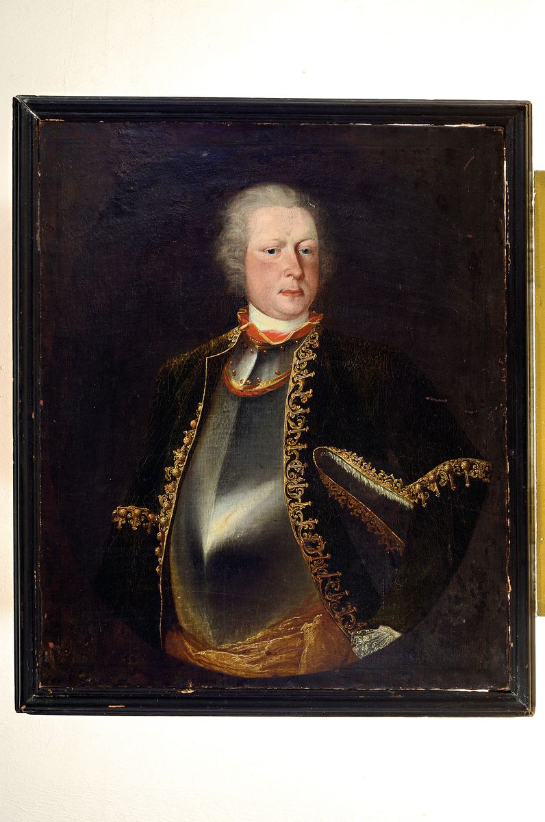 Detail k: Unbekannter Künstler, datiert 1728, Dreiviertelporträt des Joseph Wilhelm Truchseß, Graf zu Dietmating, Öl/Lwd, rest., doubliert, ehemals ovaler ...