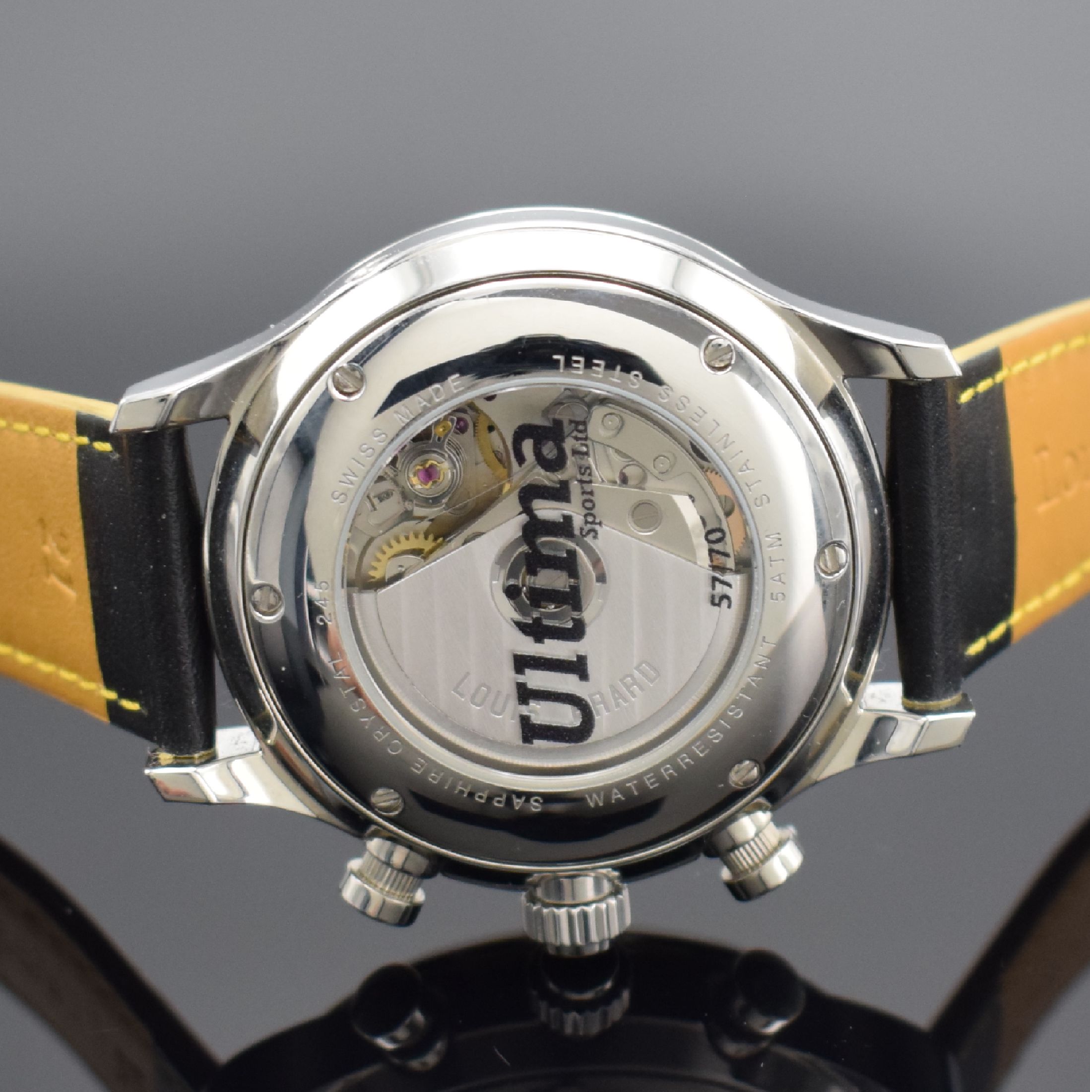 Detail e: LOUIS ERARD seltener, auf 70 Stück Armbandchronograph Ultima, Automatik, Sondermodell in Edelstahl inkl. orig. Lederband m. orig. Dornschl. in ...