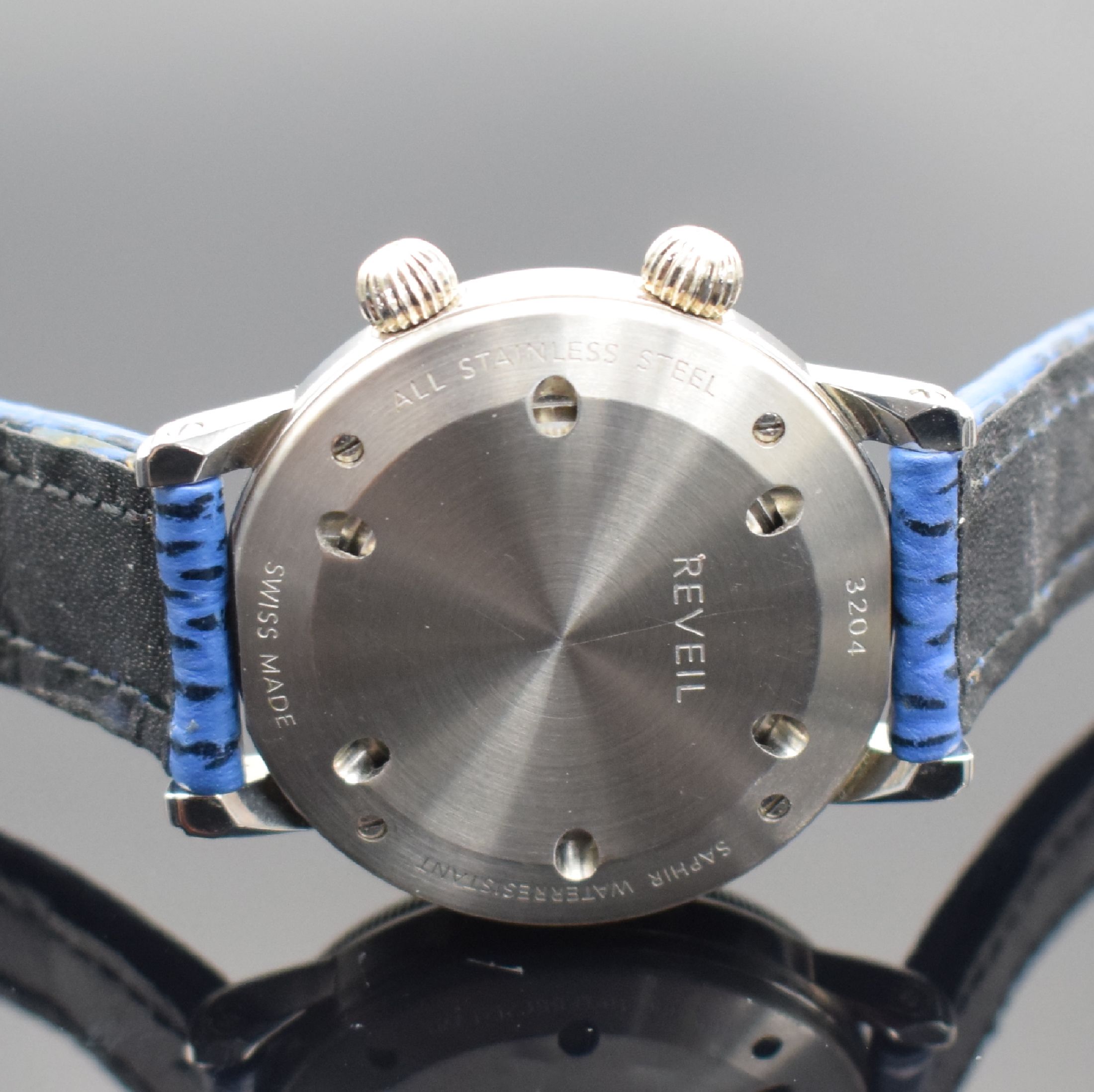 Detail c: PIERRE CHATELAIN Reveil Herrenarmbanduhr mit Wecker, Schweiz um 2000, Handaufzug, Boden 4-fach verschr., Krone b. 4 f. Zeigerstellung, Krone b. 2 f. ...
