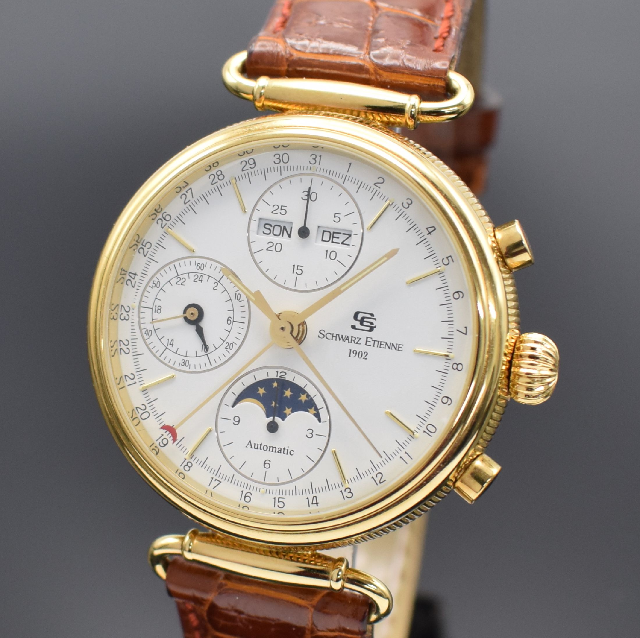 Detail a: SCHWARZ ETIENNE Armbandchronograph mit Vollkalender, Automatik, Schweiz um 1994, Metallgeh. hartverg., Bauweise 1930er Jahre, Scharnier-Bandanst., ...
