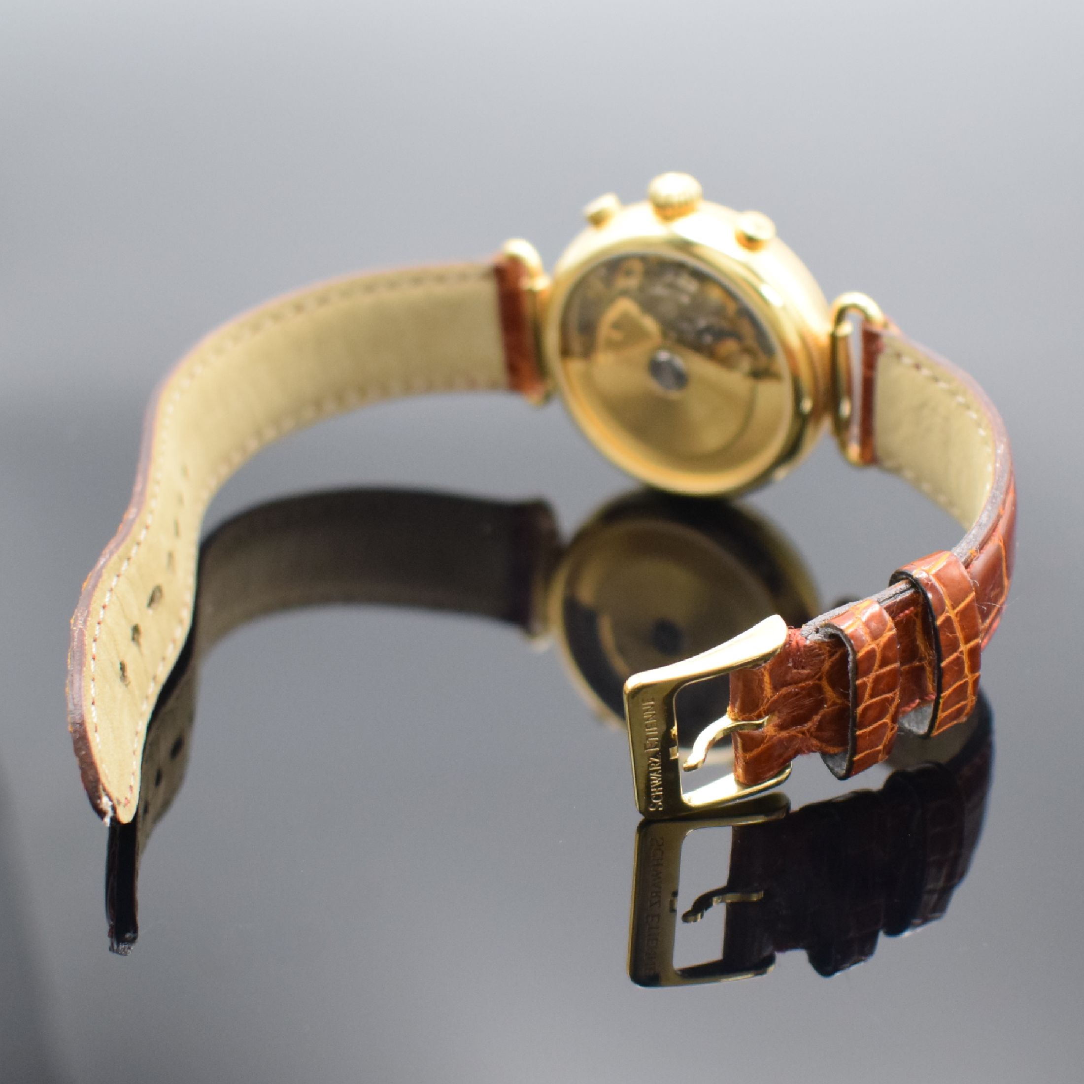Detail b: SCHWARZ ETIENNE Armbandchronograph mit Vollkalender, Automatik, Schweiz um 1994, Metallgeh. hartverg., Bauweise 1930er Jahre, Scharnier-Bandanst., ...
