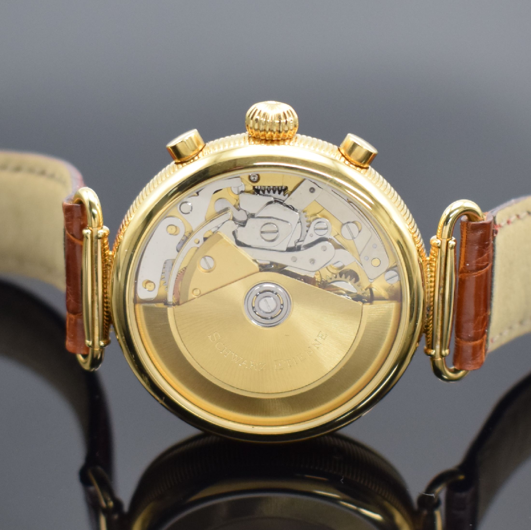 Detail d: SCHWARZ ETIENNE Armbandchronograph mit Vollkalender, Automatik, Schweiz um 1994, Metallgeh. hartverg., Bauweise 1930er Jahre, Scharnier-Bandanst., ...