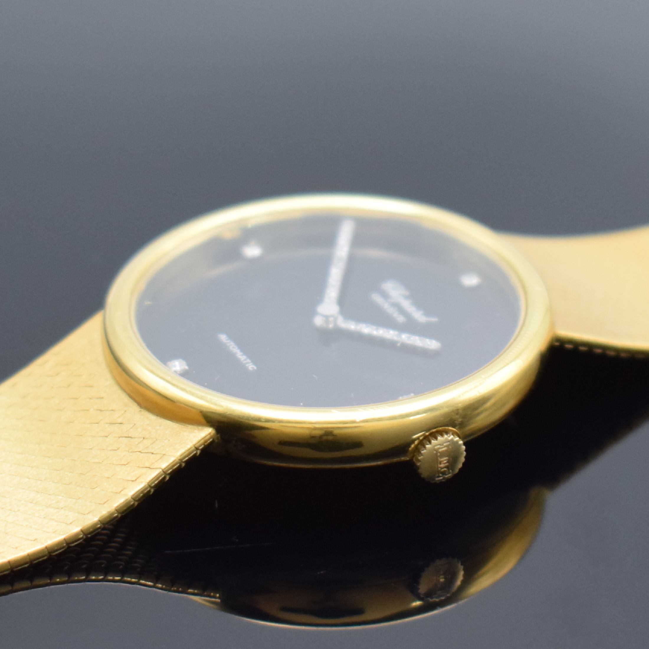 Detail c: CHOPARD Armbanduhr in GG 750/000, Automatik, Schweiz um 1980, 2-teil. Geh. inkl. Milanaiseband, Boden aufgedr., schwarzes Zifferbl. m. 4 aufgel. ...