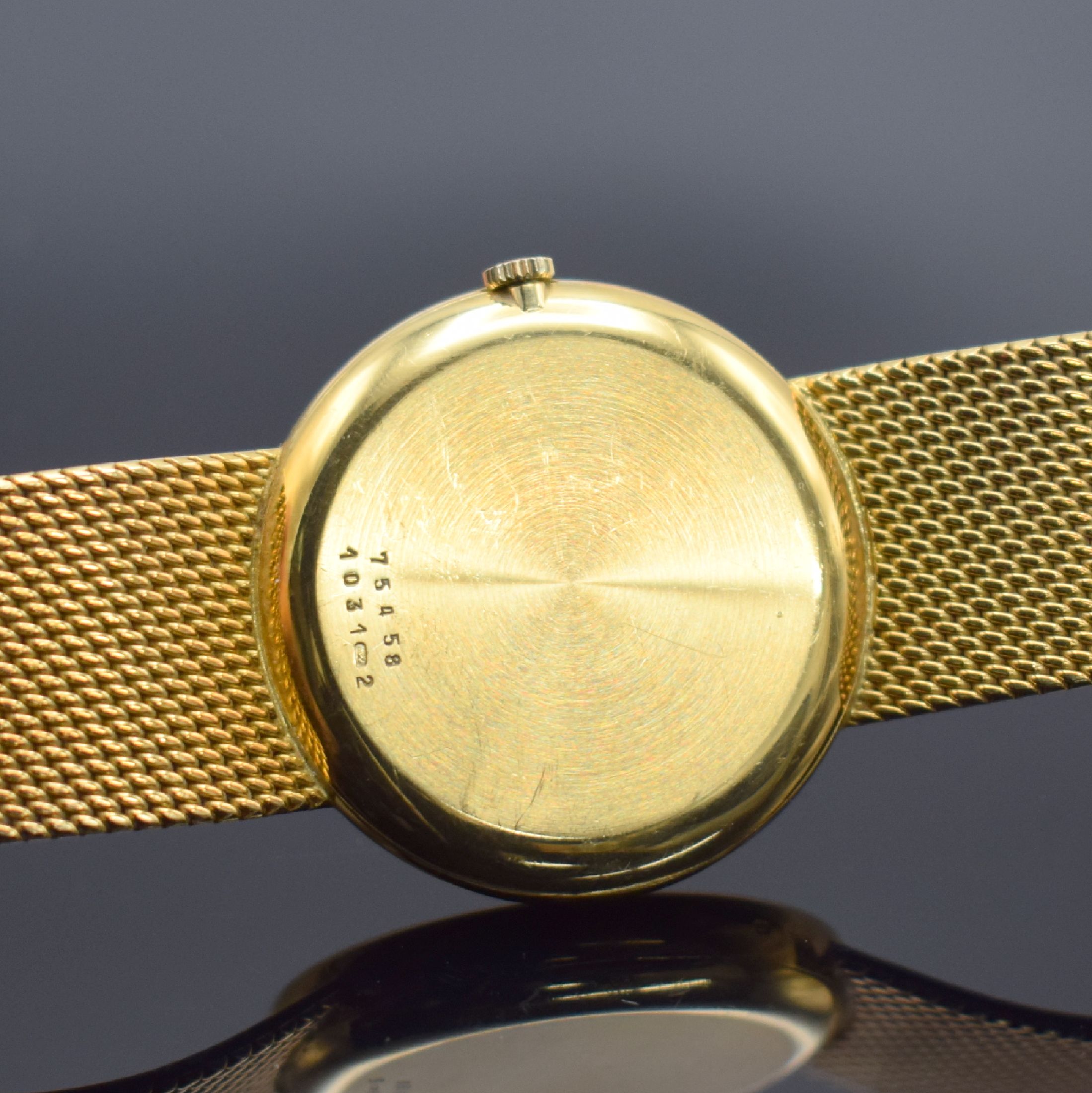Detail d: CHOPARD Armbanduhr in GG 750/000, Automatik, Schweiz um 1980, 2-teil. Geh. inkl. Milanaiseband, Boden aufgedr., schwarzes Zifferbl. m. 4 aufgel. ...