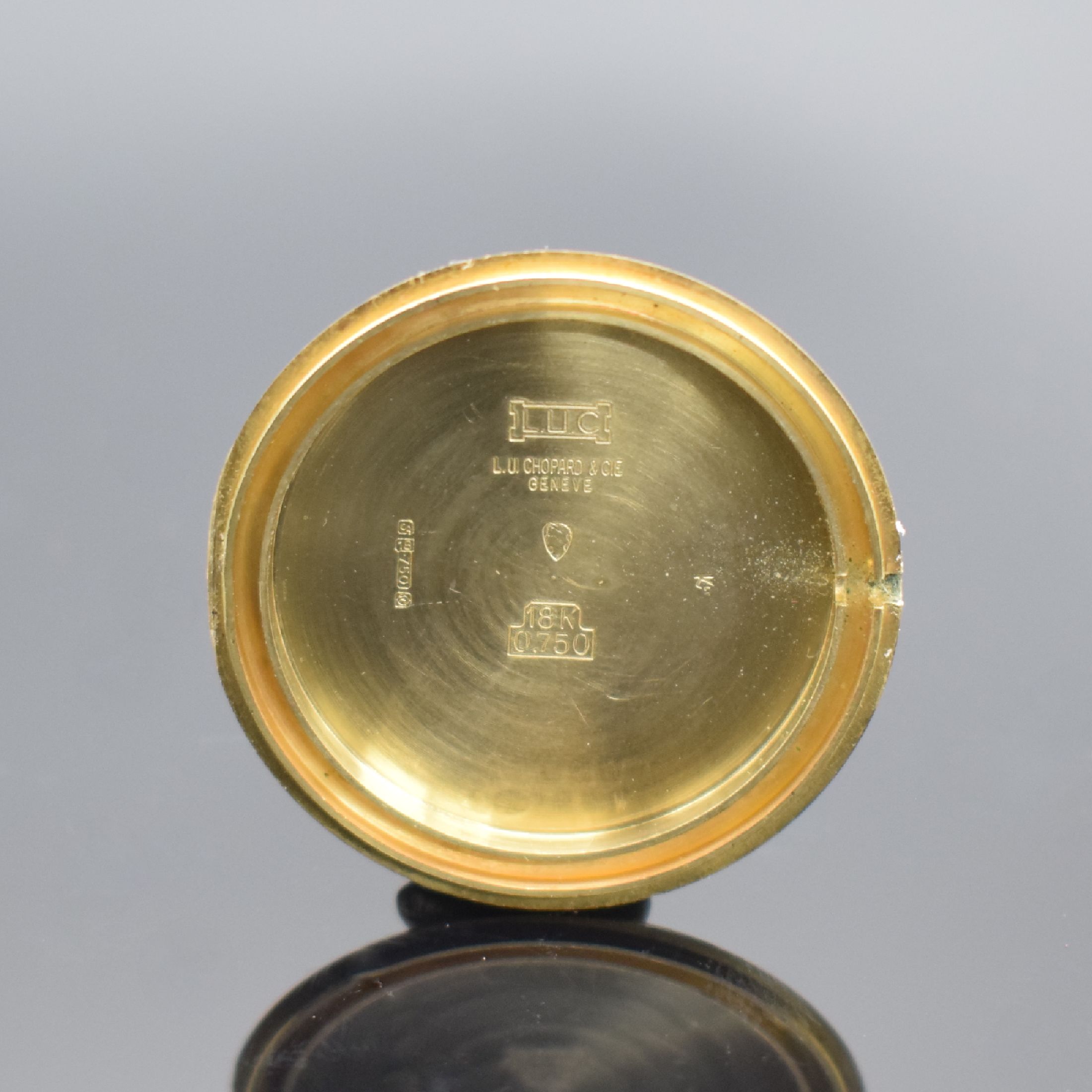 Detail e: CHOPARD Armbanduhr in GG 750/000, Automatik, Schweiz um 1980, 2-teil. Geh. inkl. Milanaiseband, Boden aufgedr., schwarzes Zifferbl. m. 4 aufgel. ...