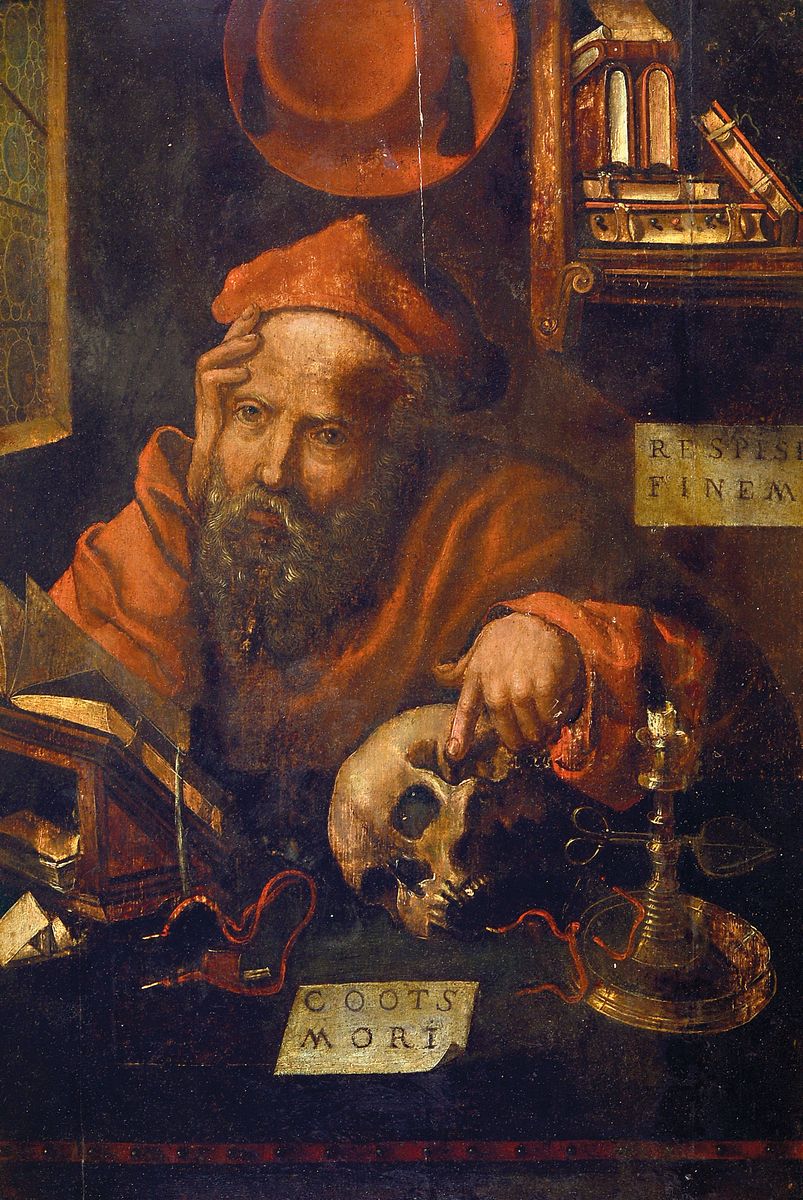 Unbekannter Künstler des 18. Jh., Der Hl. Hieronymus im Gehäus, am Schreibtisch mit Buch, Schädel und Kerzenleuchter, in der Tradition der ...