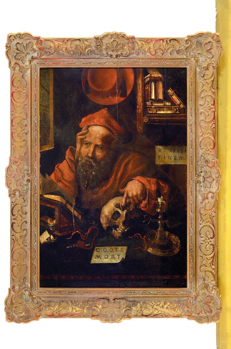 Detail k: Unbekannter Künstler des 18. Jh., Der Hl. Hieronymus im Gehäus, am Schreibtisch mit Buch, Schädel und Kerzenleuchter, in der Tradition der ...