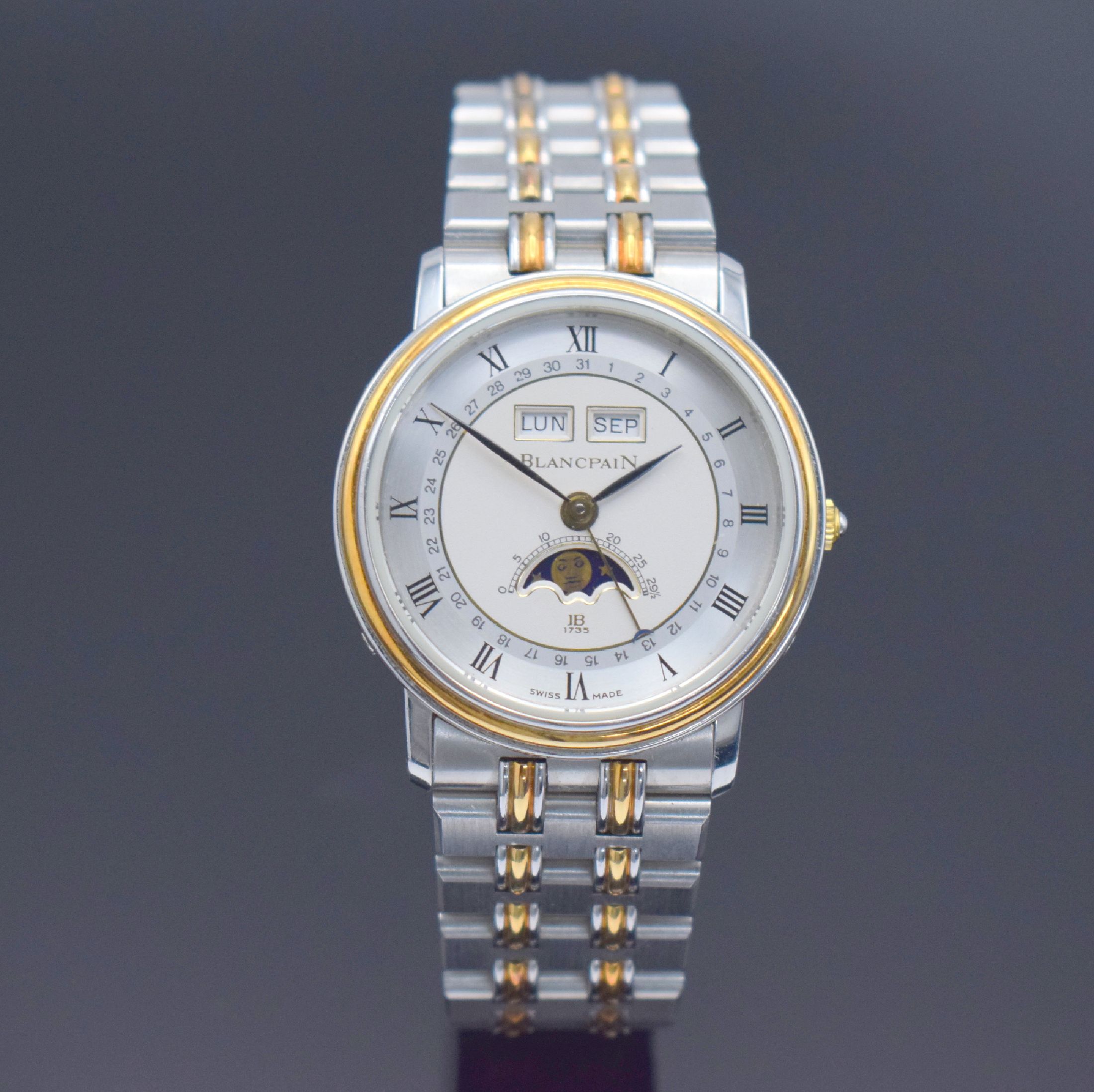 BLANCPAIN hochfeine Herrenarmbanduhr mit Vollkalenderanzeige inklusive Mondphase, Schweiz um 1990, Handaufzug, Edelstahl/Gold kombiniert inkl. ...