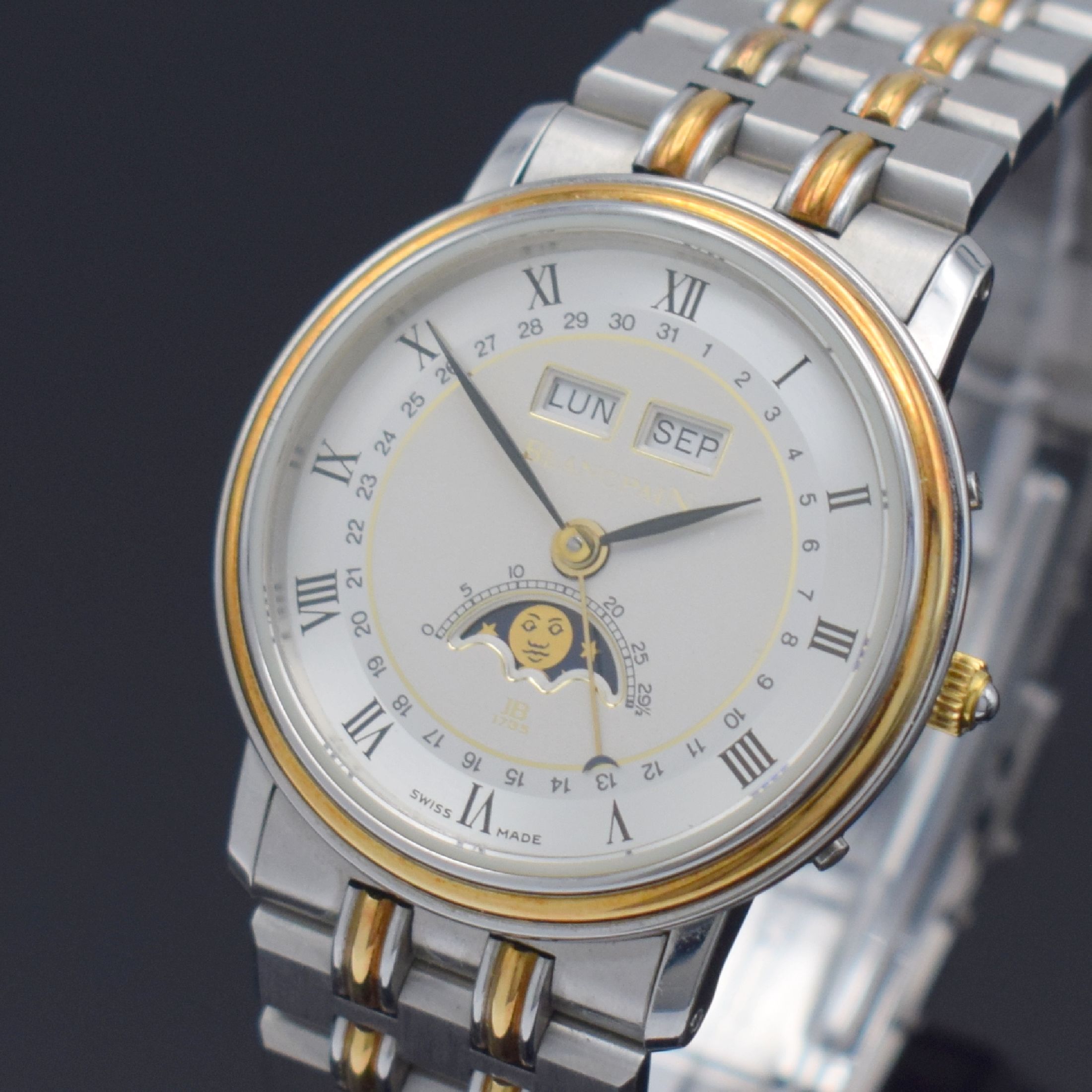 Detail d: BLANCPAIN hochfeine Herrenarmbanduhr mit Vollkalenderanzeige inklusive Mondphase, Schweiz um 1990, Handaufzug, Edelstahl/Gold kombiniert inkl. ...