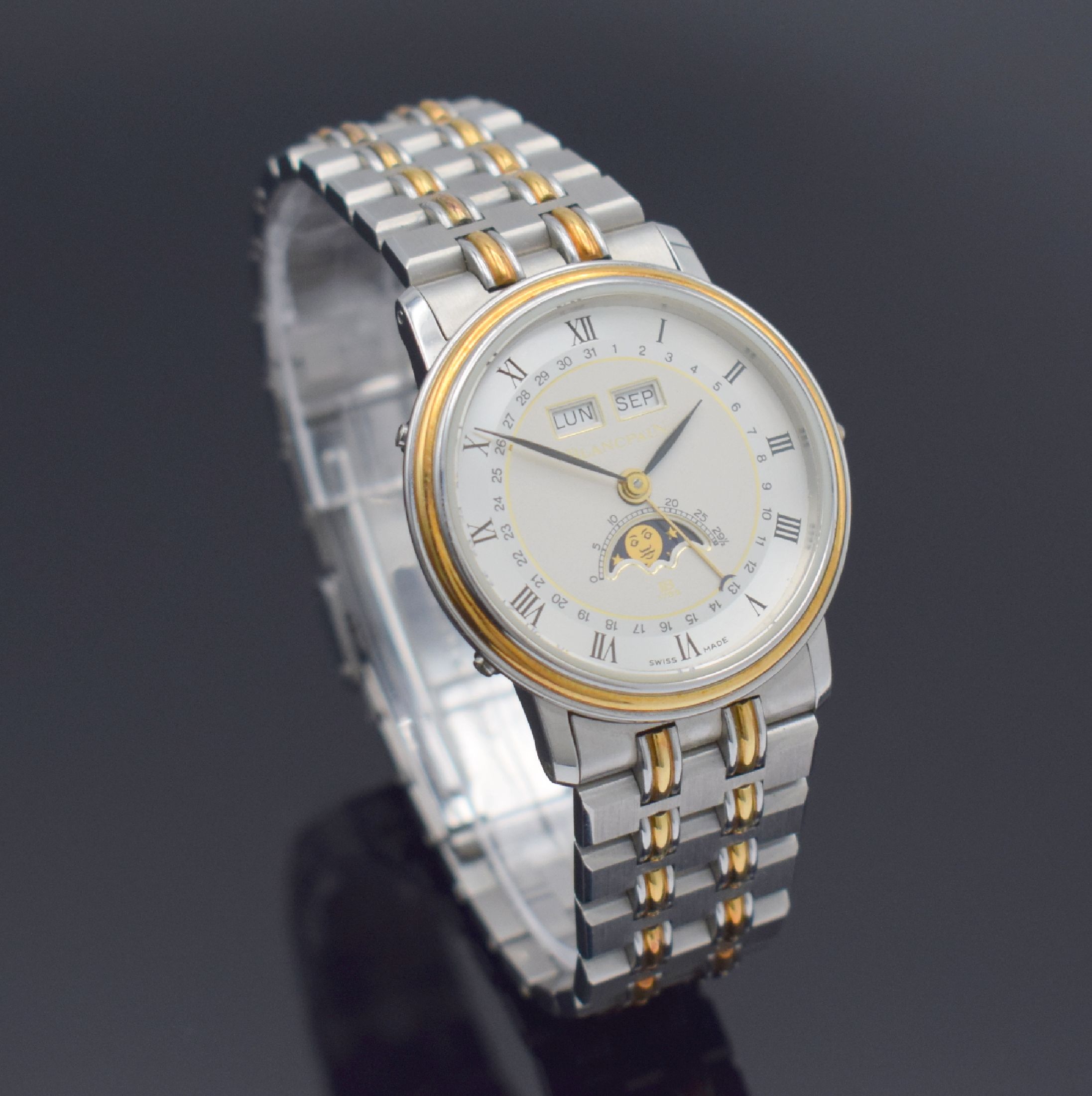 Detail e: BLANCPAIN hochfeine Herrenarmbanduhr mit Vollkalenderanzeige inklusive Mondphase, Schweiz um 1990, Handaufzug, Edelstahl/Gold kombiniert inkl. ...