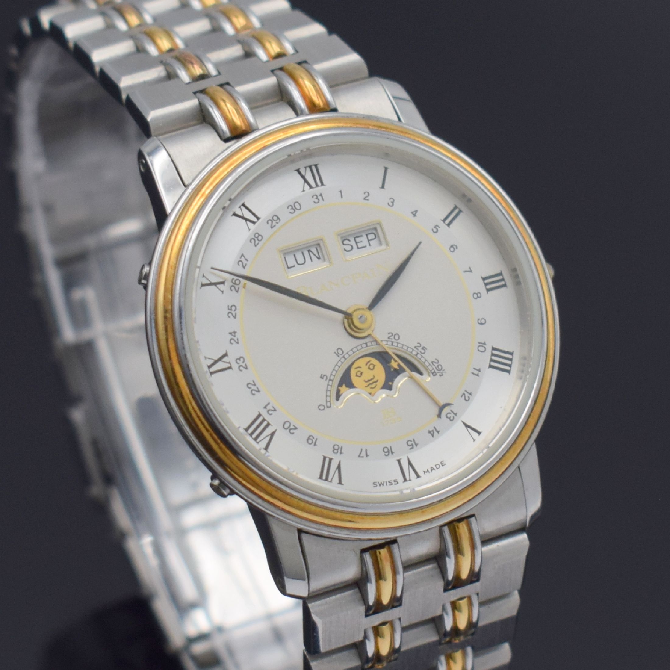 Detail f: BLANCPAIN hochfeine Herrenarmbanduhr mit Vollkalenderanzeige inklusive Mondphase, Schweiz um 1990, Handaufzug, Edelstahl/Gold kombiniert inkl. ...