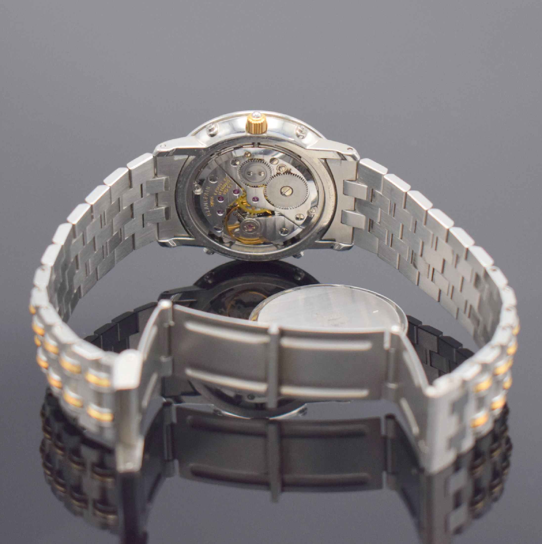Detail i: BLANCPAIN hochfeine Herrenarmbanduhr mit Vollkalenderanzeige inklusive Mondphase, Schweiz um 1990, Handaufzug, Edelstahl/Gold kombiniert inkl. ...