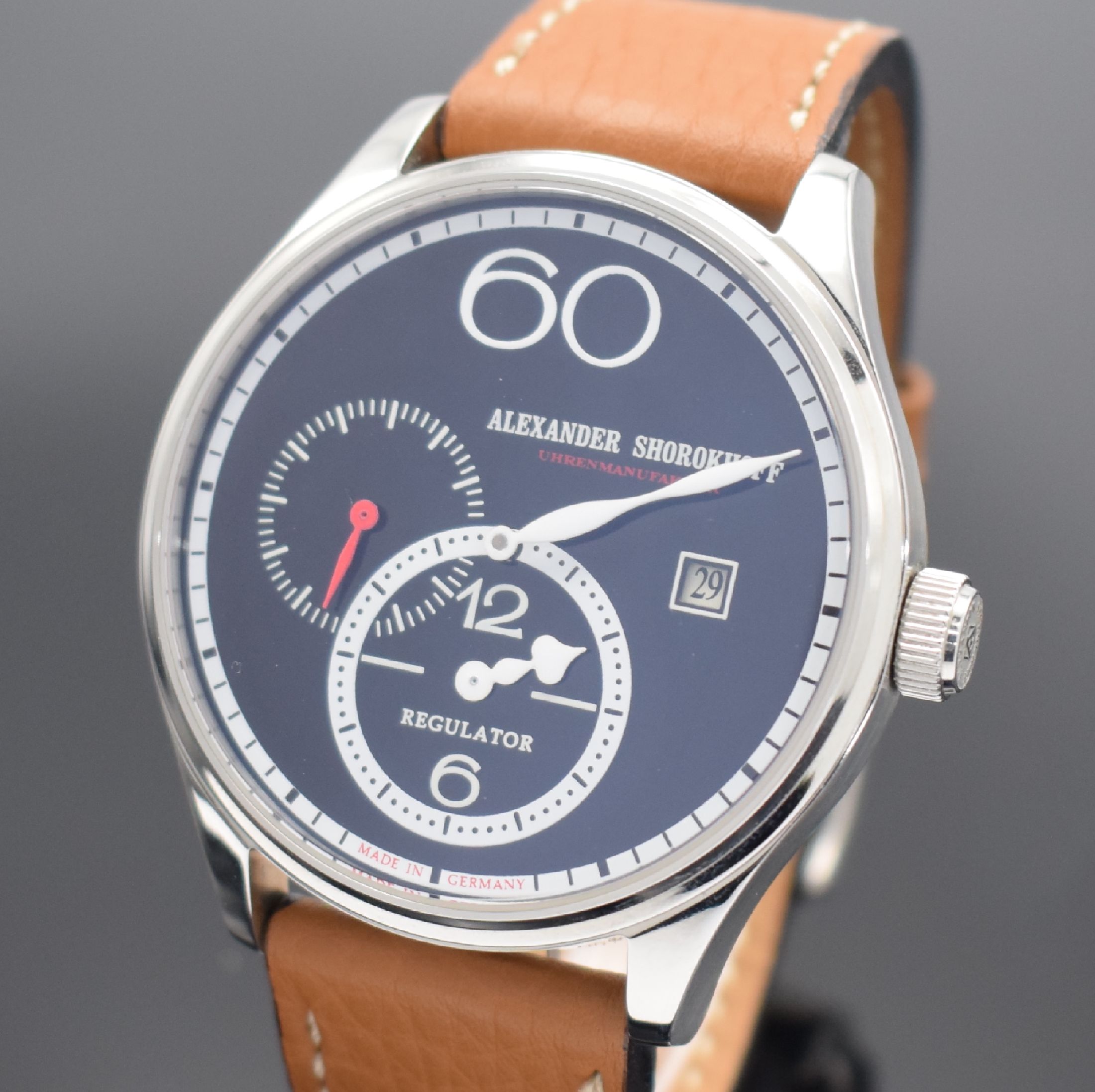 Detail a: ALEXANDER SHOROKHOFF Regulator Armbanduhr R01, Deutschland um 2011, Handaufzug, Edelstahlgeh. inkl. orig. Lederband m. orig. Dornschl., beids. ...