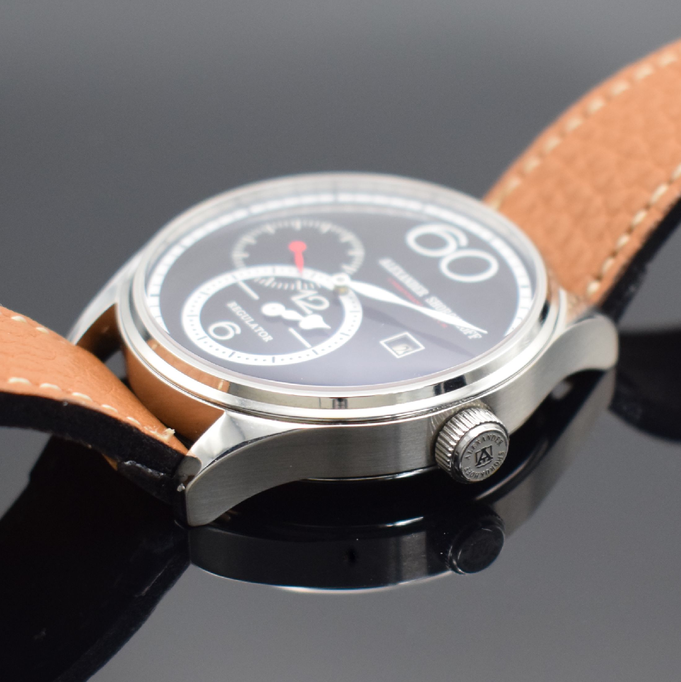 Detail c: ALEXANDER SHOROKHOFF Regulator Armbanduhr R01, Deutschland um 2011, Handaufzug, Edelstahlgeh. inkl. orig. Lederband m. orig. Dornschl., beids. ...