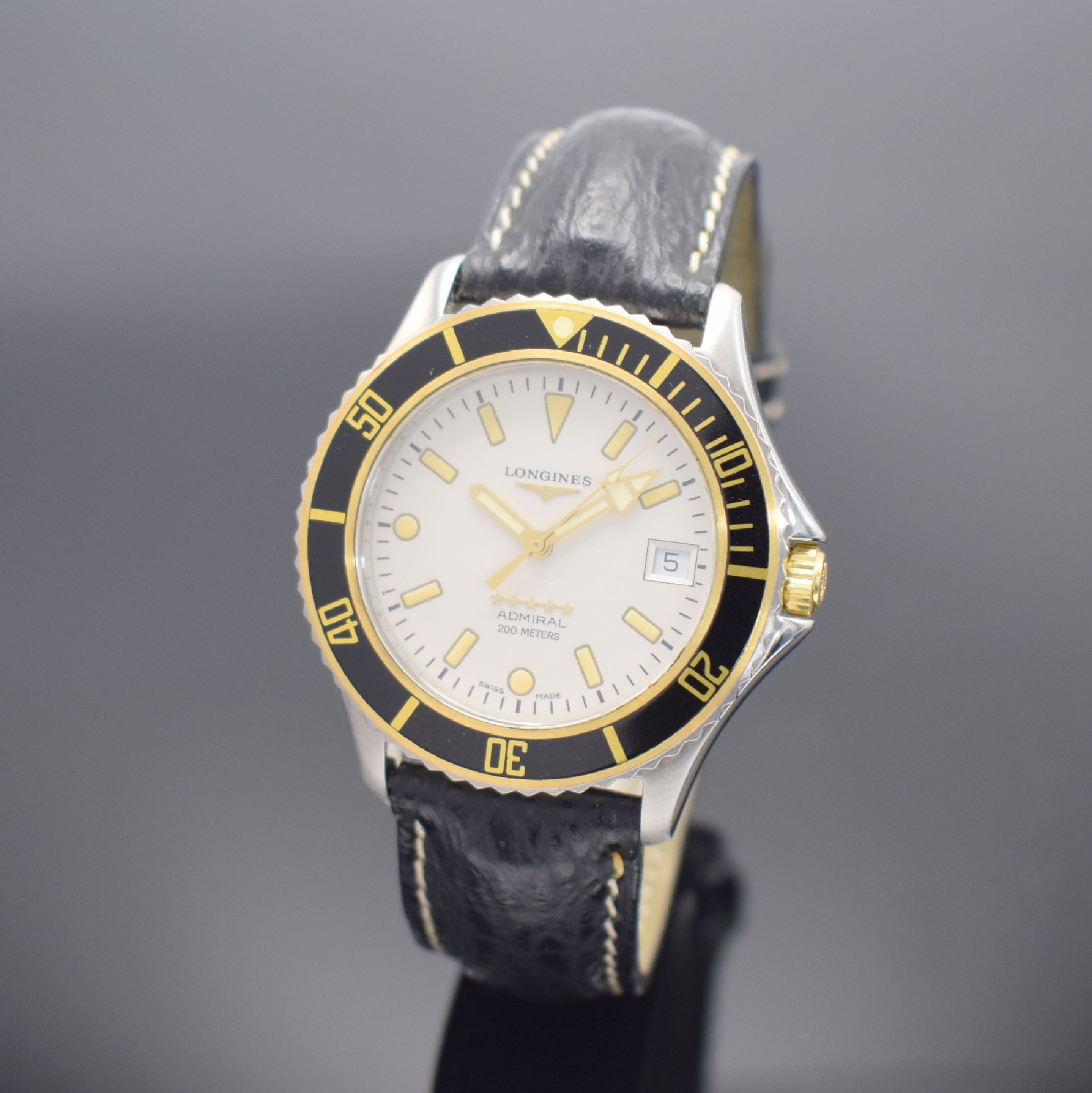 LONGINES Admiral Five Stars Herrenarmbanduhr Referenz L3.502.5, Schweiz um 1998, Automatik, Edelstahl/Gold komb. inkl. orig. Lederband m. orig. ...
