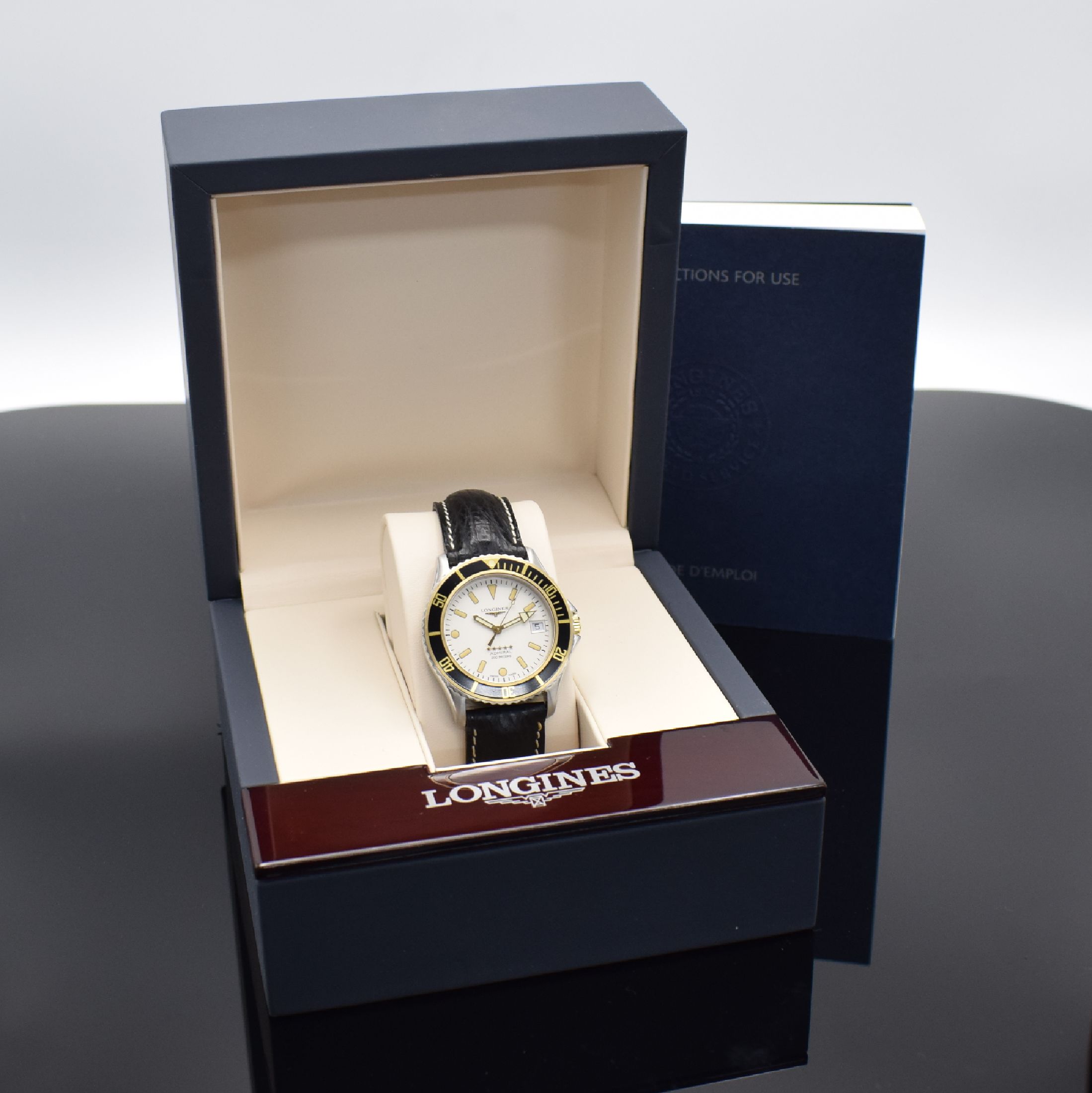 Detail e: LONGINES Admiral Five Stars Herrenarmbanduhr Referenz L3.502.5, Schweiz um 1998, Automatik, Edelstahl/Gold komb. inkl. orig. Lederband m. orig. ...