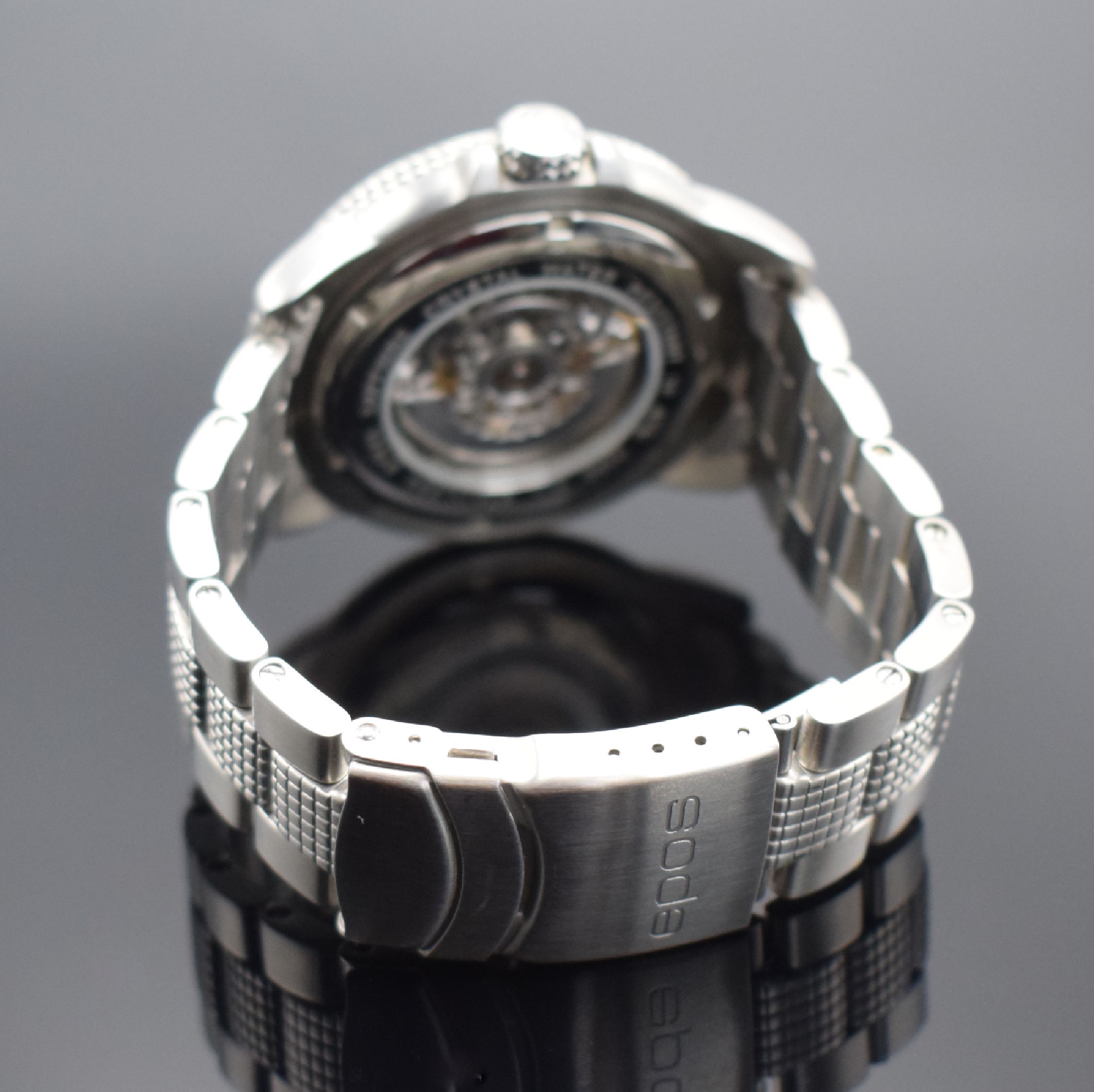 Detail b: EPOS Herrenarmbanduhr Sportive, Automatik, Schweiz um 2010, Edelstahlgeh. inkl. Gliederband m. Faltschl., beids. vergl., Boden & Krone verschr., ...