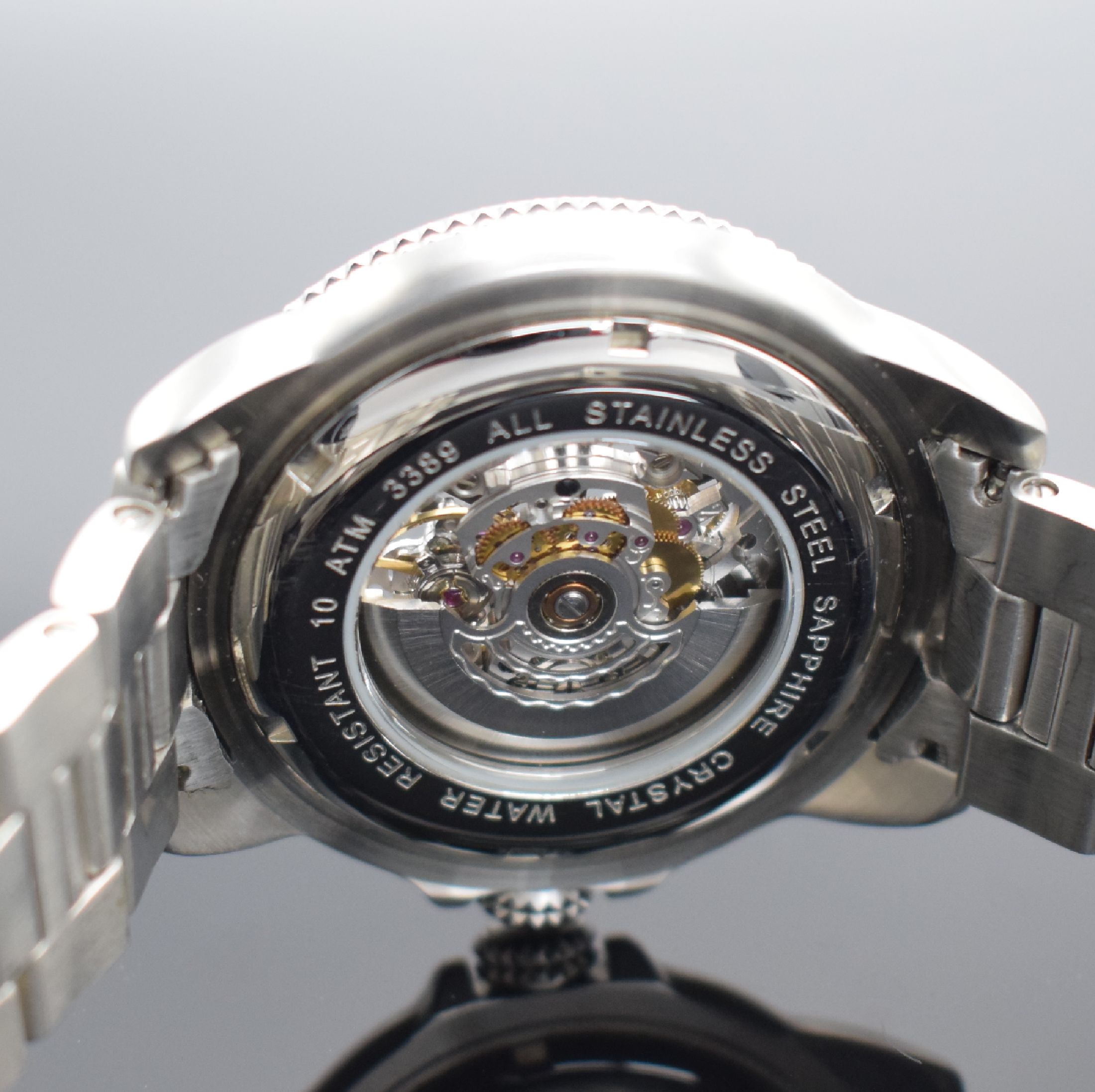 Detail e: EPOS Herrenarmbanduhr Sportive, Automatik, Schweiz um 2010, Edelstahlgeh. inkl. Gliederband m. Faltschl., beids. vergl., Boden & Krone verschr., ...