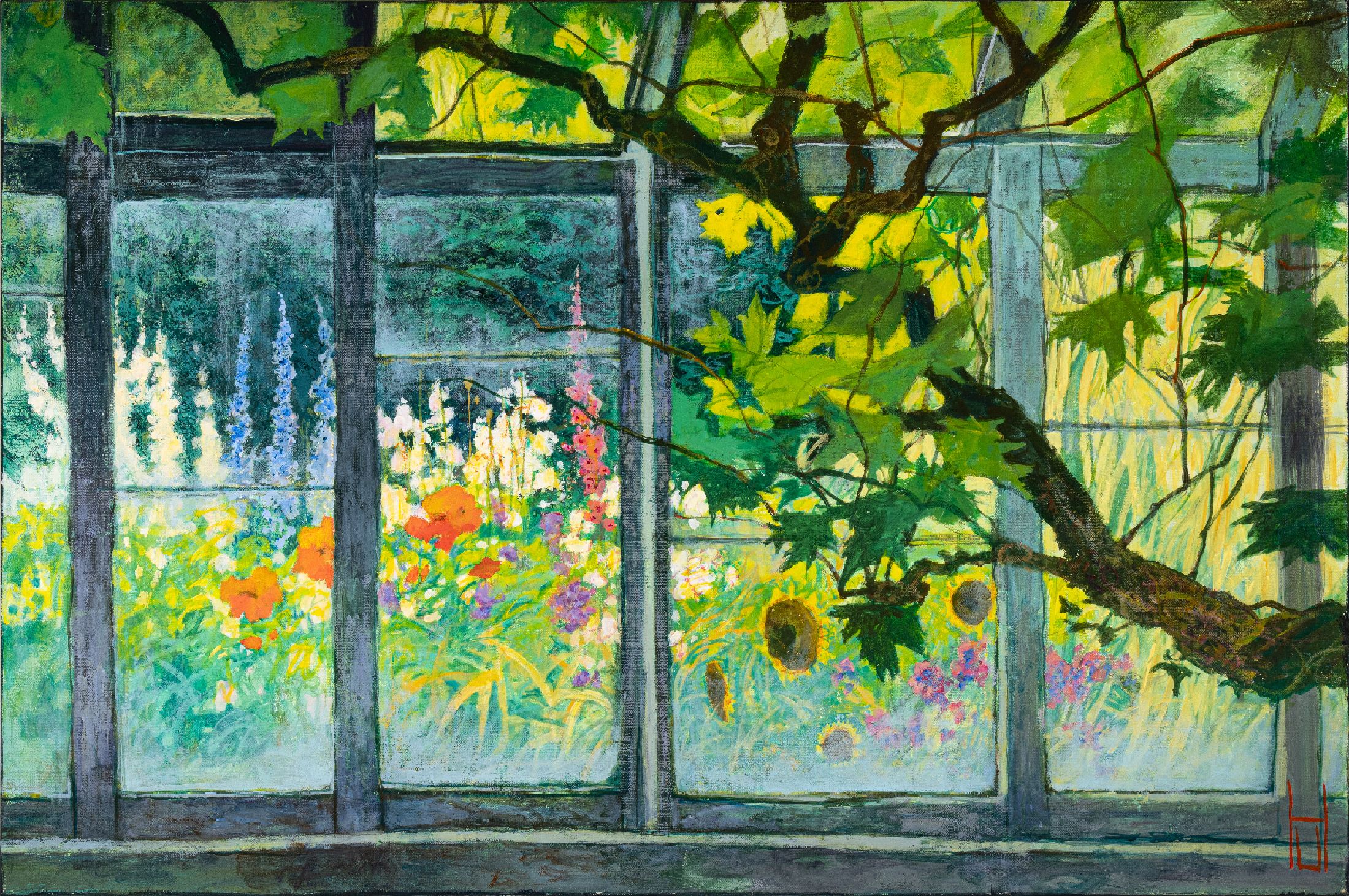 Uwe Herbst, geb. 1952 Köln, "Blick aus dem alten Gewächshaus", impressives Garten -Interieur, rechts unten monogrammiert, Öl/Lwd, 80x120 ...