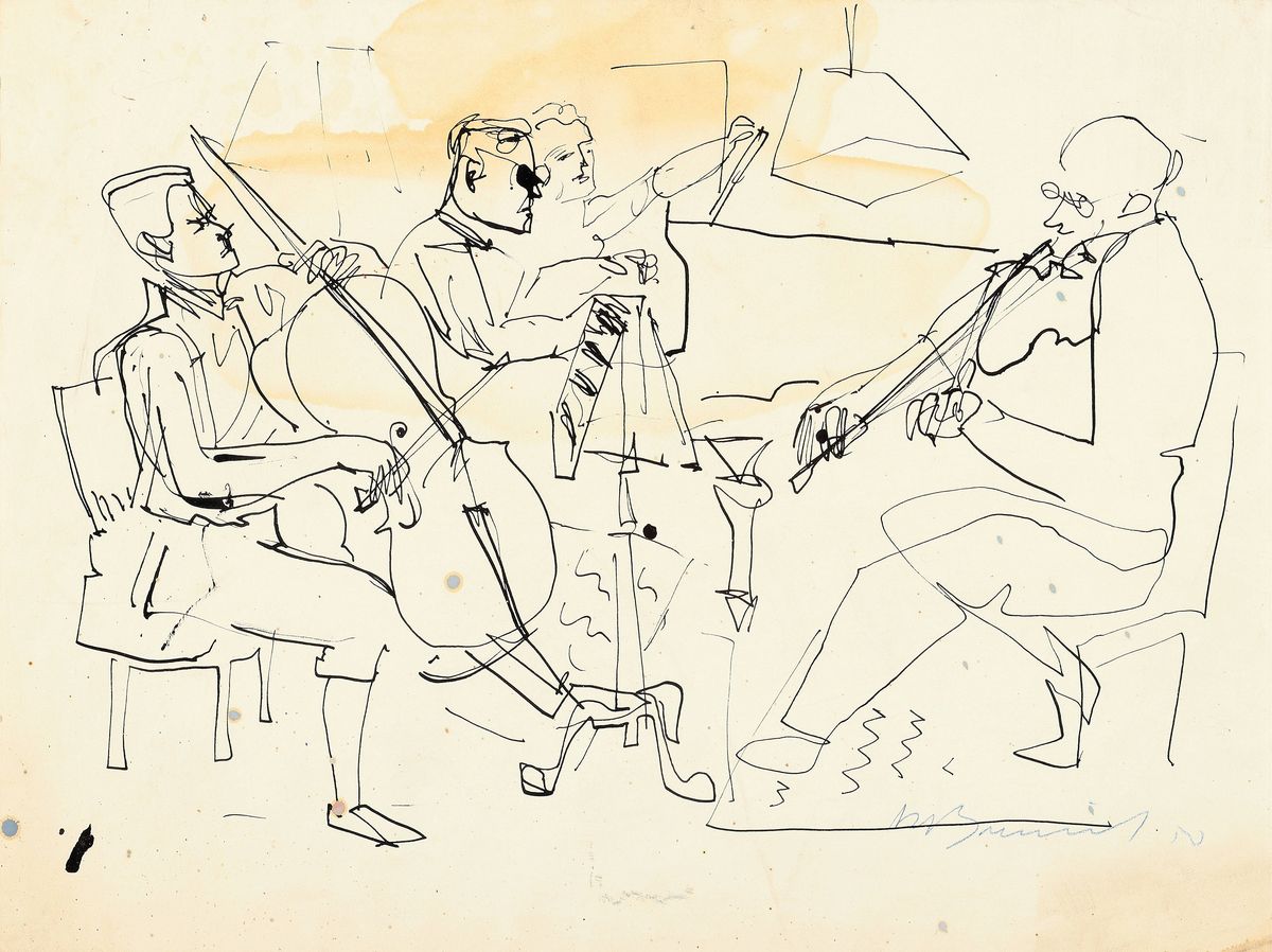 Rudi Baerwind, 1910-1982 Mannheim, Filzstiftauf Papier, Studie, Szene mit 4 Musikanten während des Spiels, signiert, fleckig bzw. Wasserschaden, ...