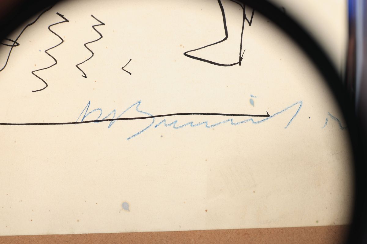 Detail c: Rudi Baerwind, 1910-1982 Mannheim, Filzstiftauf Papier, Studie, Szene mit 4 Musikanten während des Spiels, signiert, fleckig bzw. Wasserschaden, ...