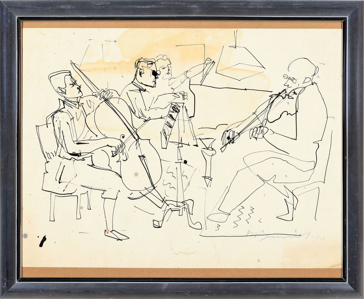 Detail k: Rudi Baerwind, 1910-1982 Mannheim, Filzstiftauf Papier, Studie, Szene mit 4 Musikanten während des Spiels, signiert, fleckig bzw. Wasserschaden, ...