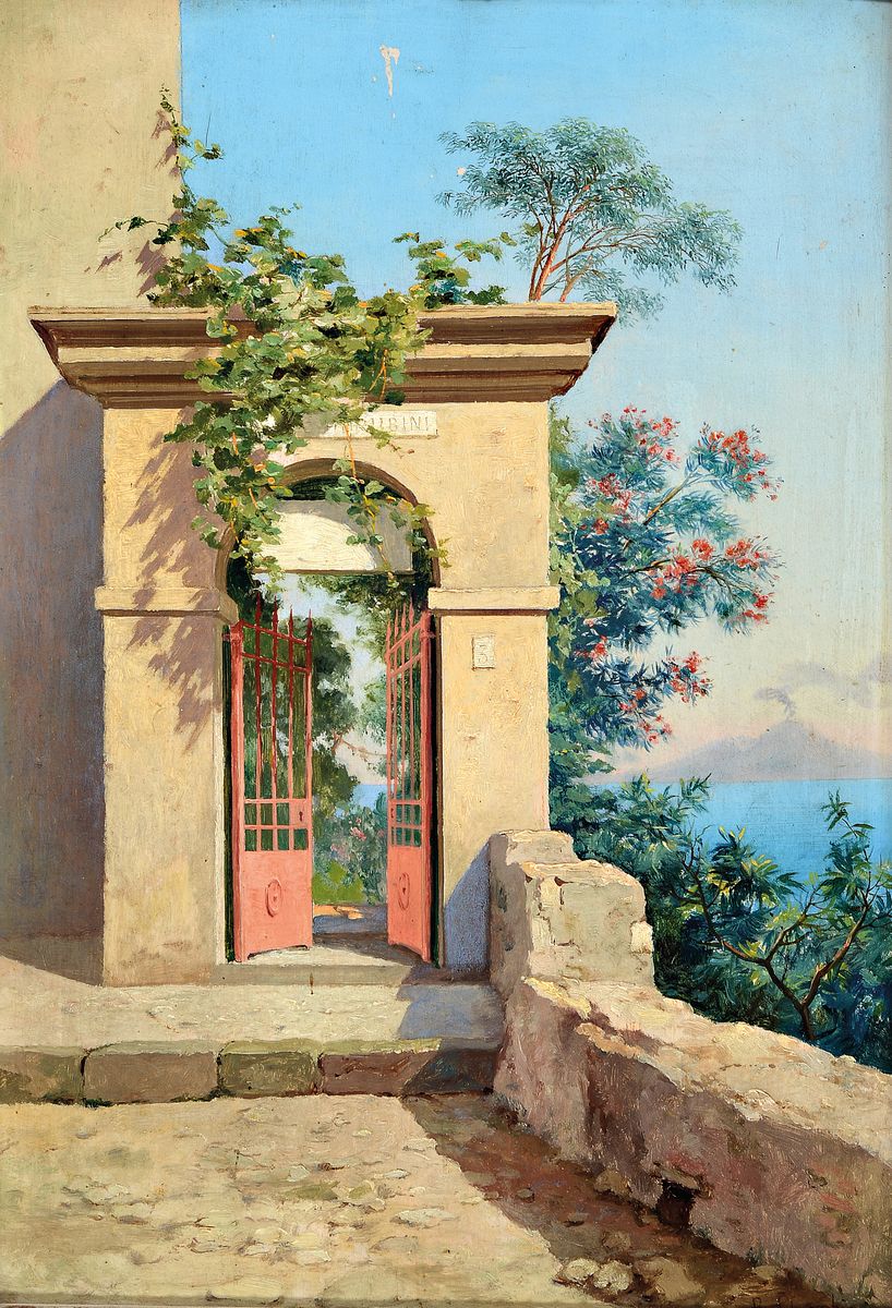 Andrea Cherubini, 1833-1905 Italien, italienischer Maler langjährig ansässig in Rom, exotisch umwachsene Toreinfahrt in süditalienischer ...
