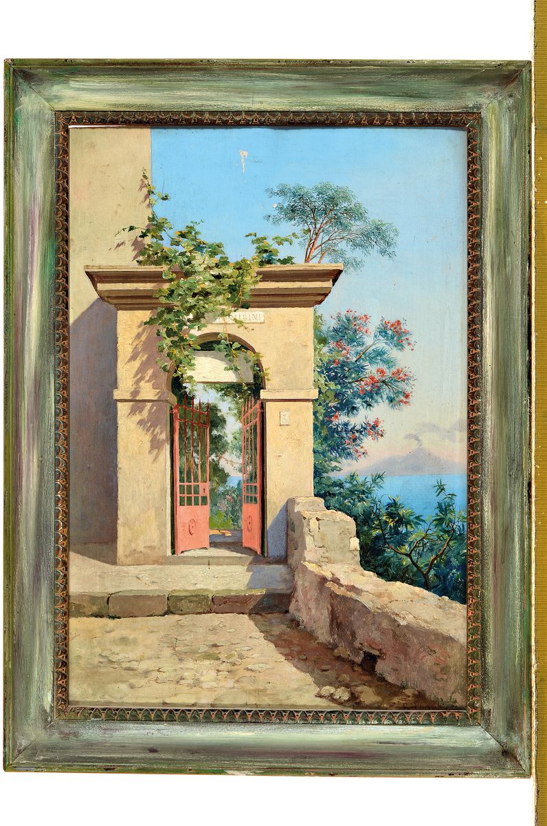 Detail k: Andrea Cherubini, 1833-1905 Italien, italienischer Maler langjährig ansässig in Rom, exotisch umwachsene Toreinfahrt in süditalienischer ...